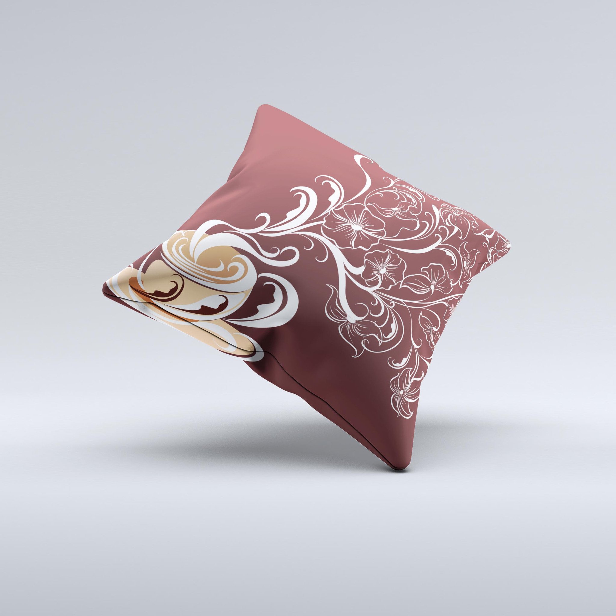 Steaming Vector Coffee Floral Ink-Fuzed Decorative Throw Pillow showcasing a unique floral design with rich coffee tones, handcrafted in Virginia.