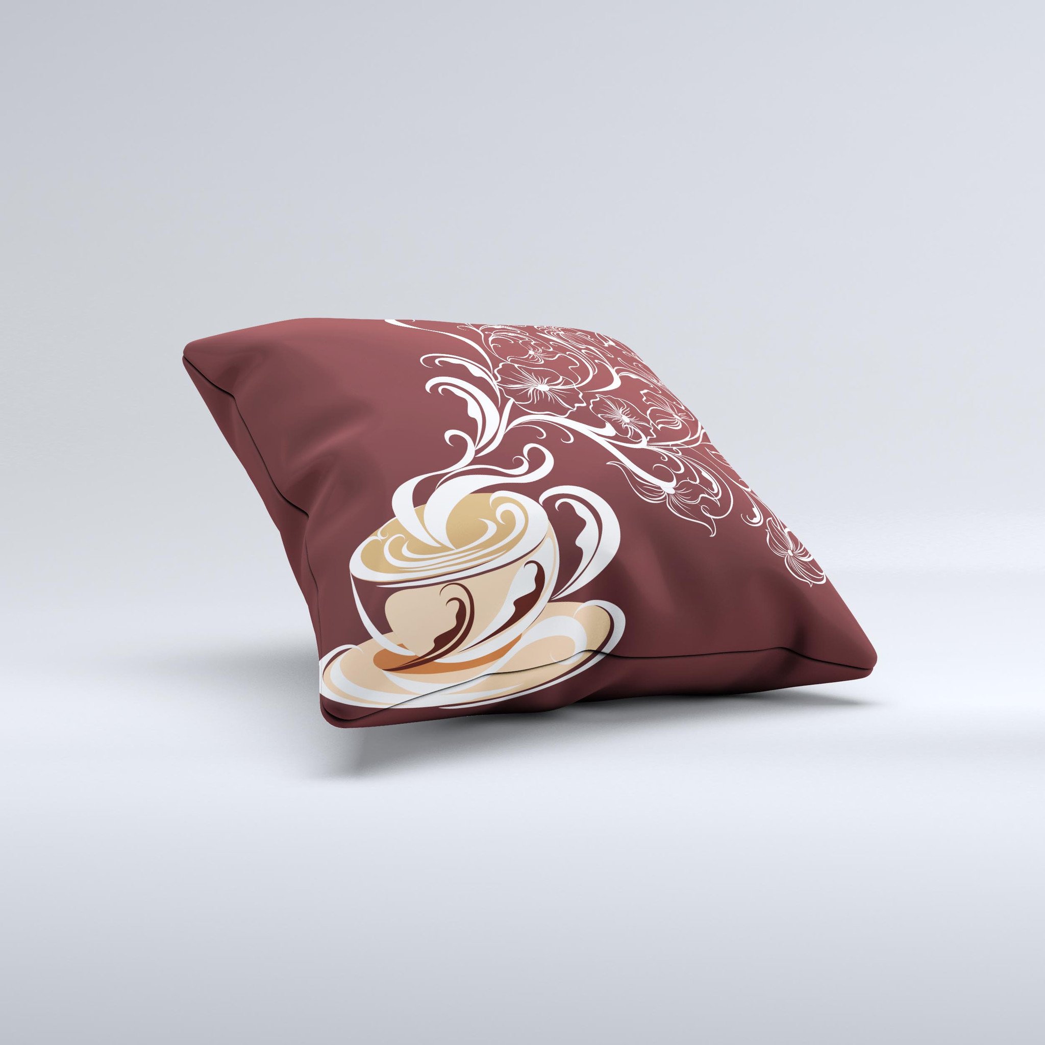 Steaming Vector Coffee Floral Ink-Fuzed Decorative Throw Pillow showcasing a unique floral design with rich coffee tones, handcrafted in Virginia.