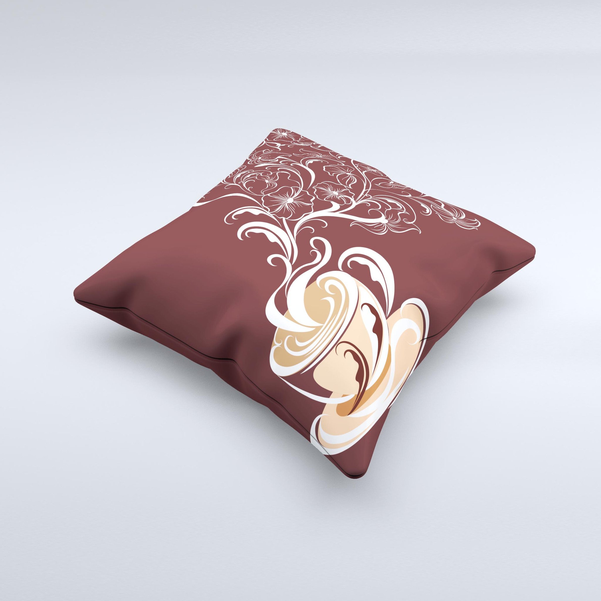 Steaming Vector Coffee Floral Ink-Fuzed Decorative Throw Pillow showcasing a unique floral design with rich coffee tones, handcrafted in Virginia.
