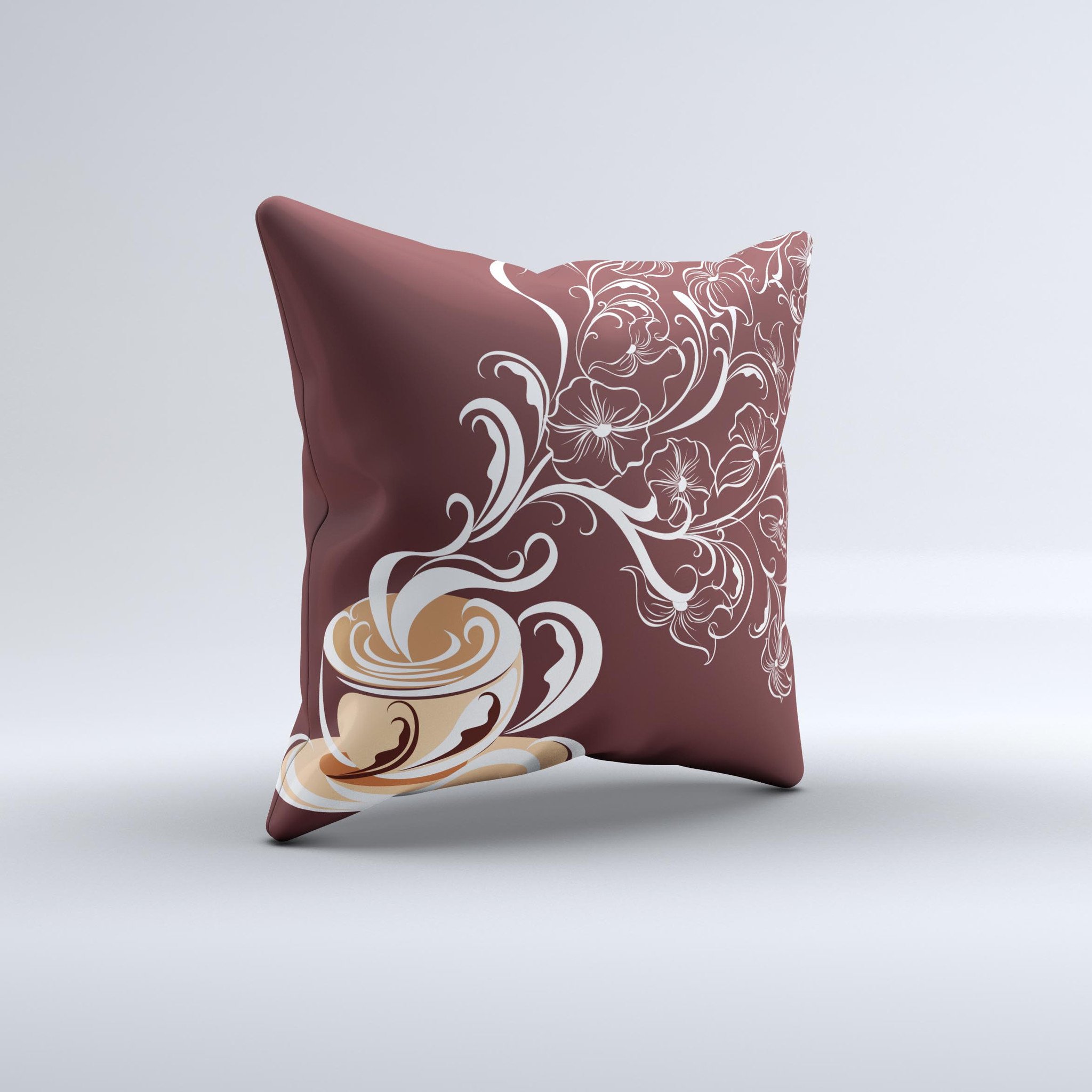 Steaming Vector Coffee Floral Ink-Fuzed Decorative Throw Pillow showcasing a unique floral design with rich coffee tones, handcrafted in Virginia.
