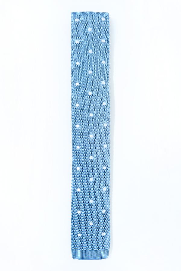 A stylish Steel Blue Polka Dot Knitted Tie featuring white polka dots, made from luxurious silk with a square end design.
