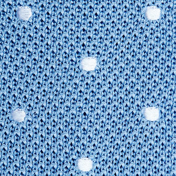 A stylish Steel Blue Polka Dot Knitted Tie featuring white polka dots, made from luxurious silk with a square end design.