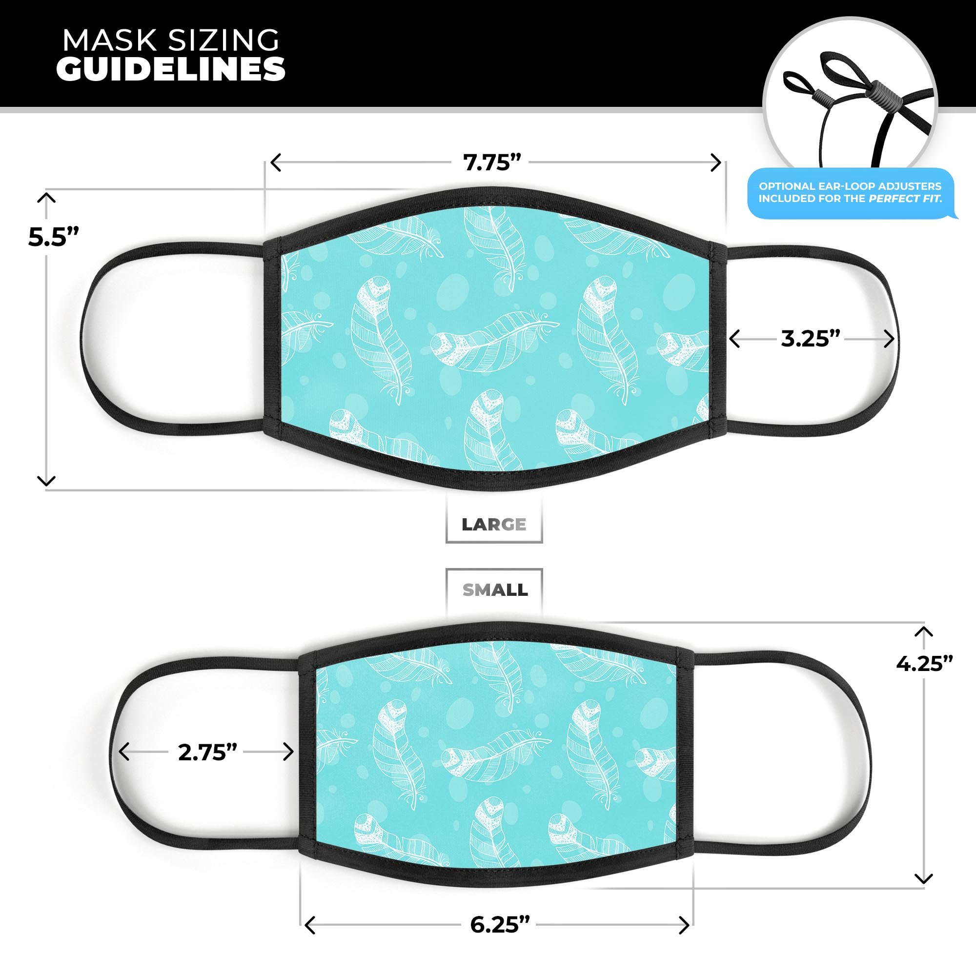 Stenciled Feather Pattern mouth cover, showcasing vibrant colors and adjustable ear-loop bands, made in the USA.