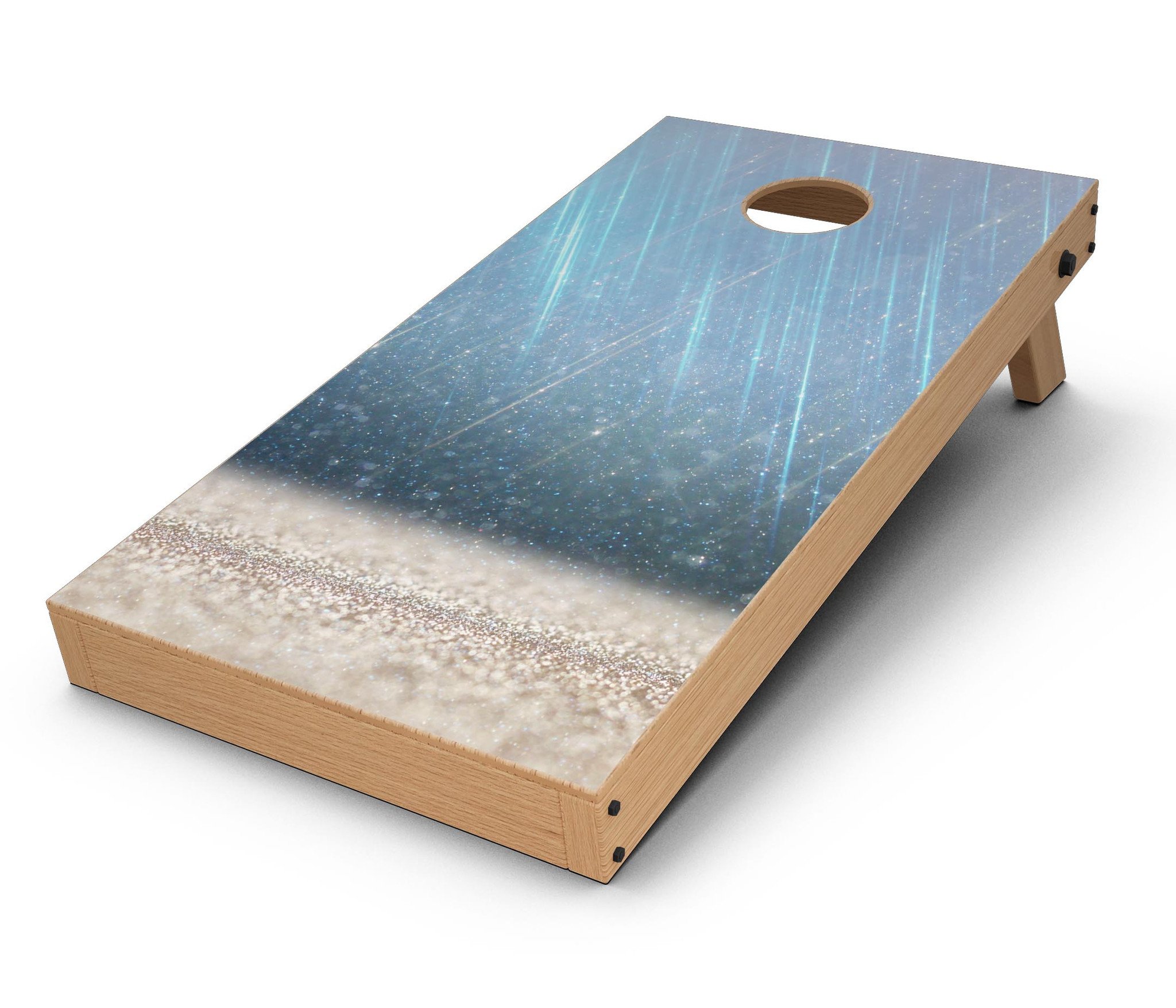 Stratched Blue and Gold CornHole Board Skin Decal Kit displayed on a Cornhole board, showcasing vibrant colors and premium vinyl material.