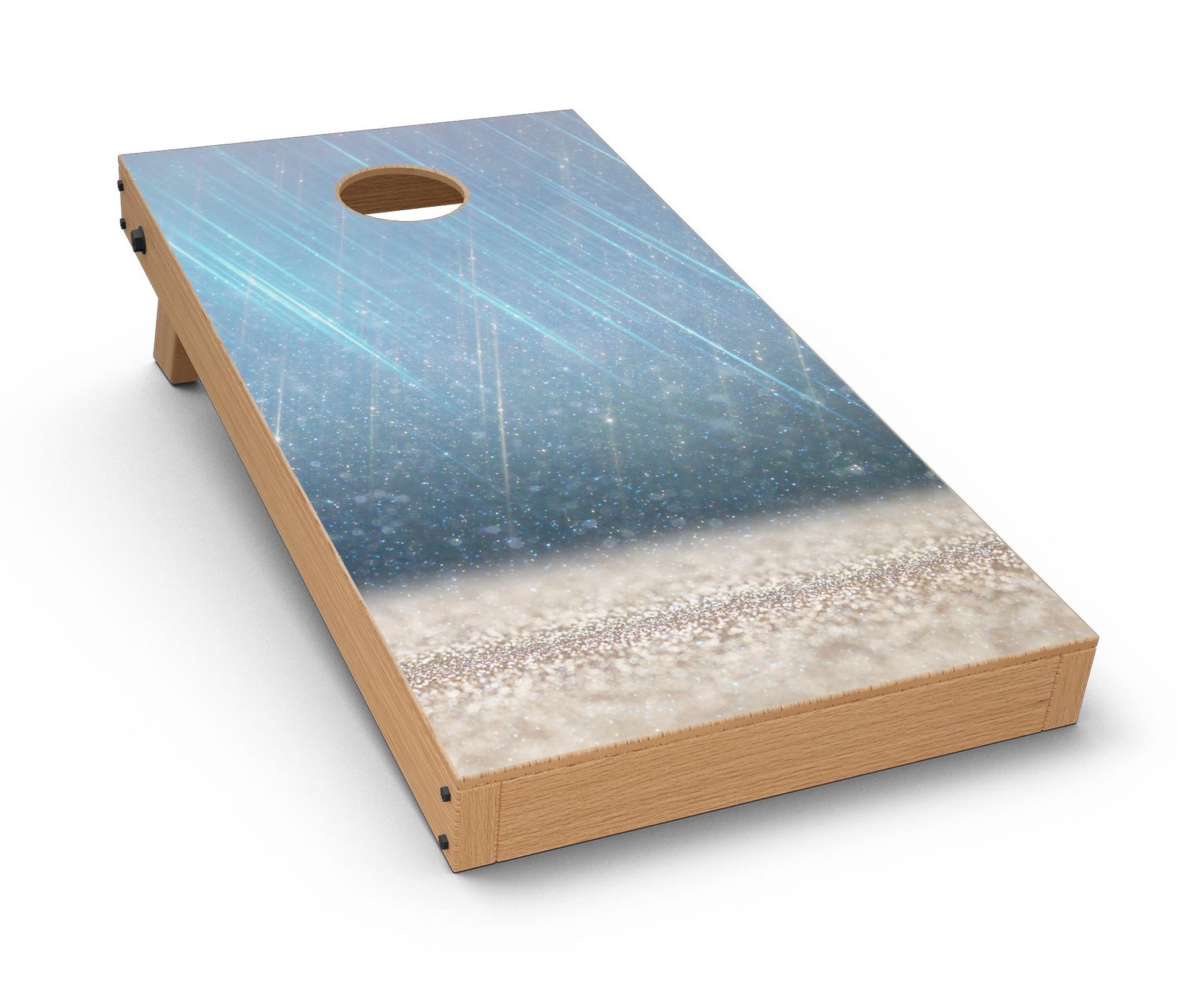 Stratched Blue and Gold CornHole Board Skin Decal Kit displayed on a Cornhole board, showcasing vibrant colors and premium vinyl material.