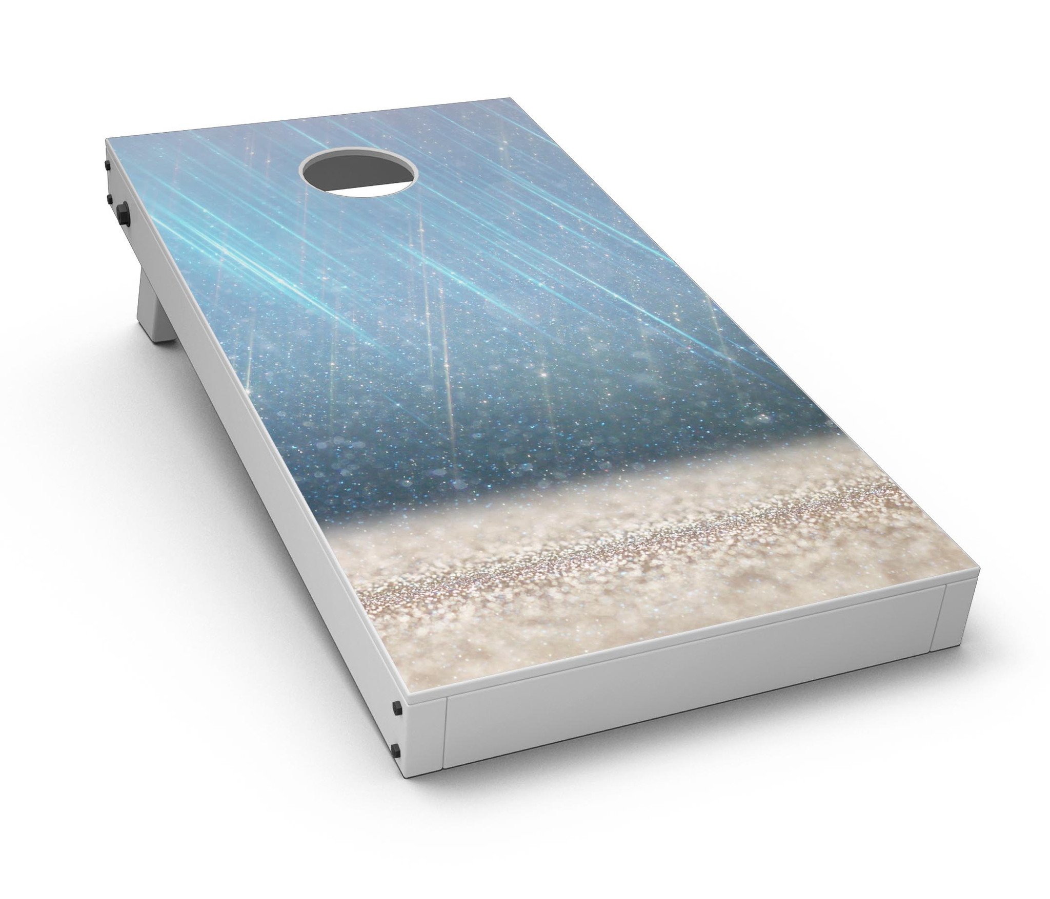 Stratched Blue and Gold CornHole Board Skin Decal Kit displayed on a Cornhole board, showcasing vibrant colors and premium vinyl material.