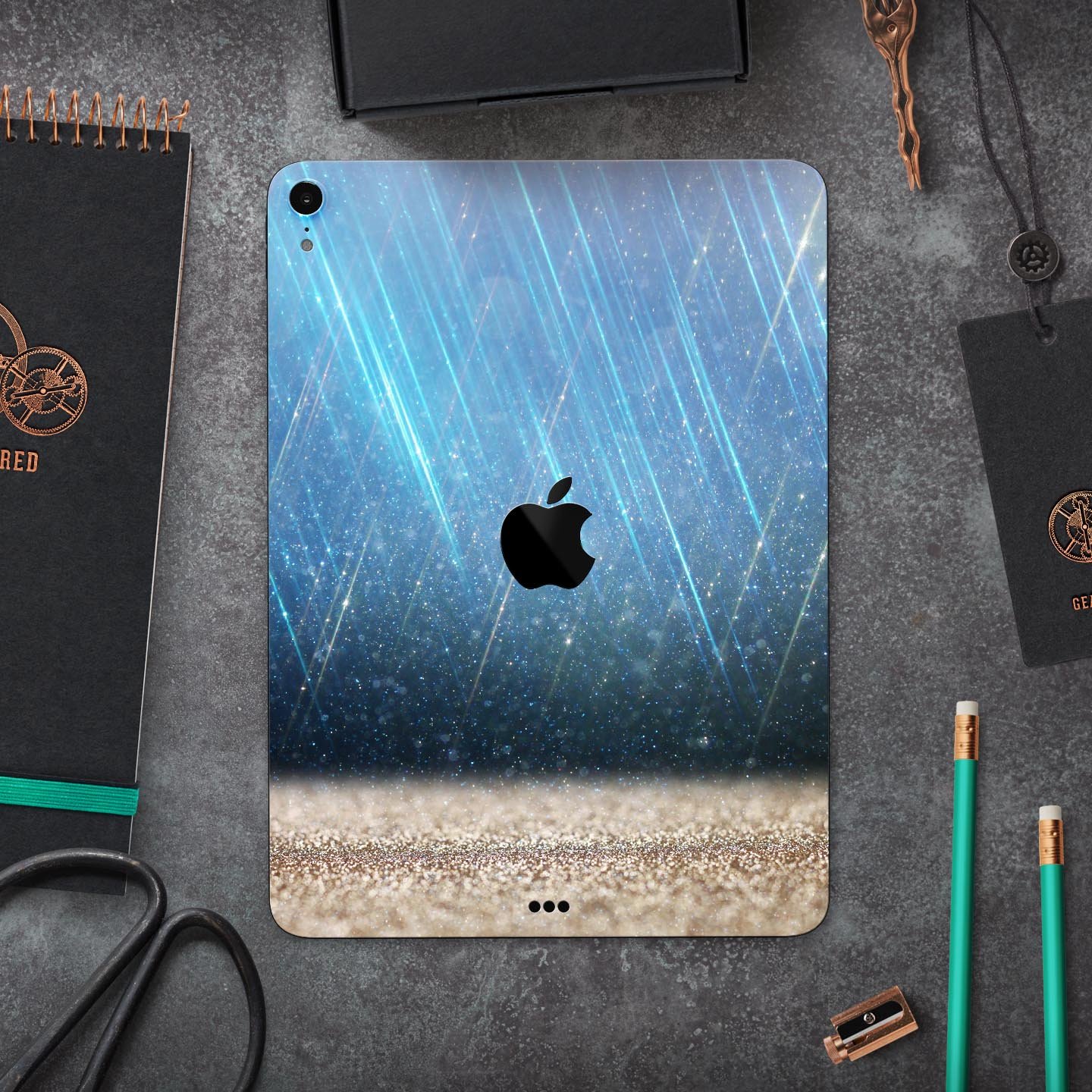 Stratched Blue and Gold full body skin decal for Apple iPad Pro, showcasing its vibrant design and premium quality materials.