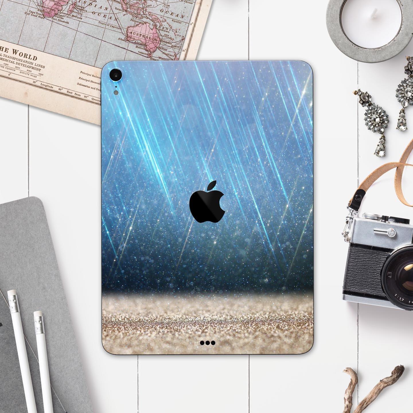 Stratched Blue and Gold full body skin decal for Apple iPad Pro, showcasing its vibrant design and premium quality materials.