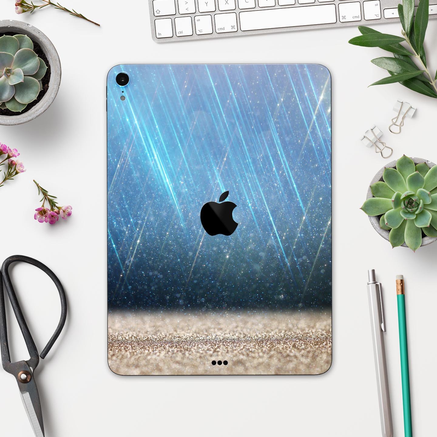 Stratched Blue and Gold full body skin decal for Apple iPad Pro, showcasing its vibrant design and premium quality materials.
