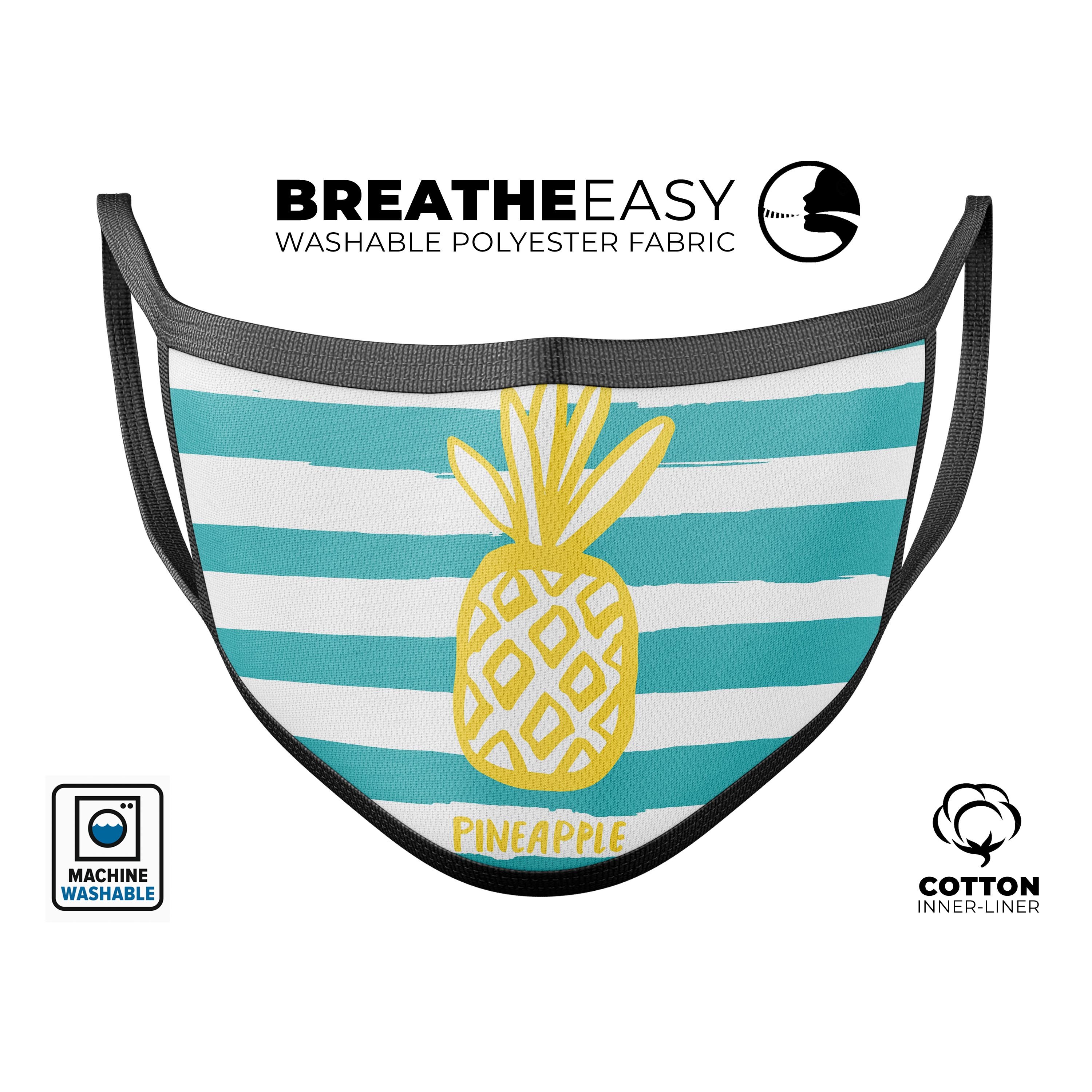 Striped Mint and Gold Pineapple face mask, featuring a vibrant design and adjustable ear loops for a comfortable fit.