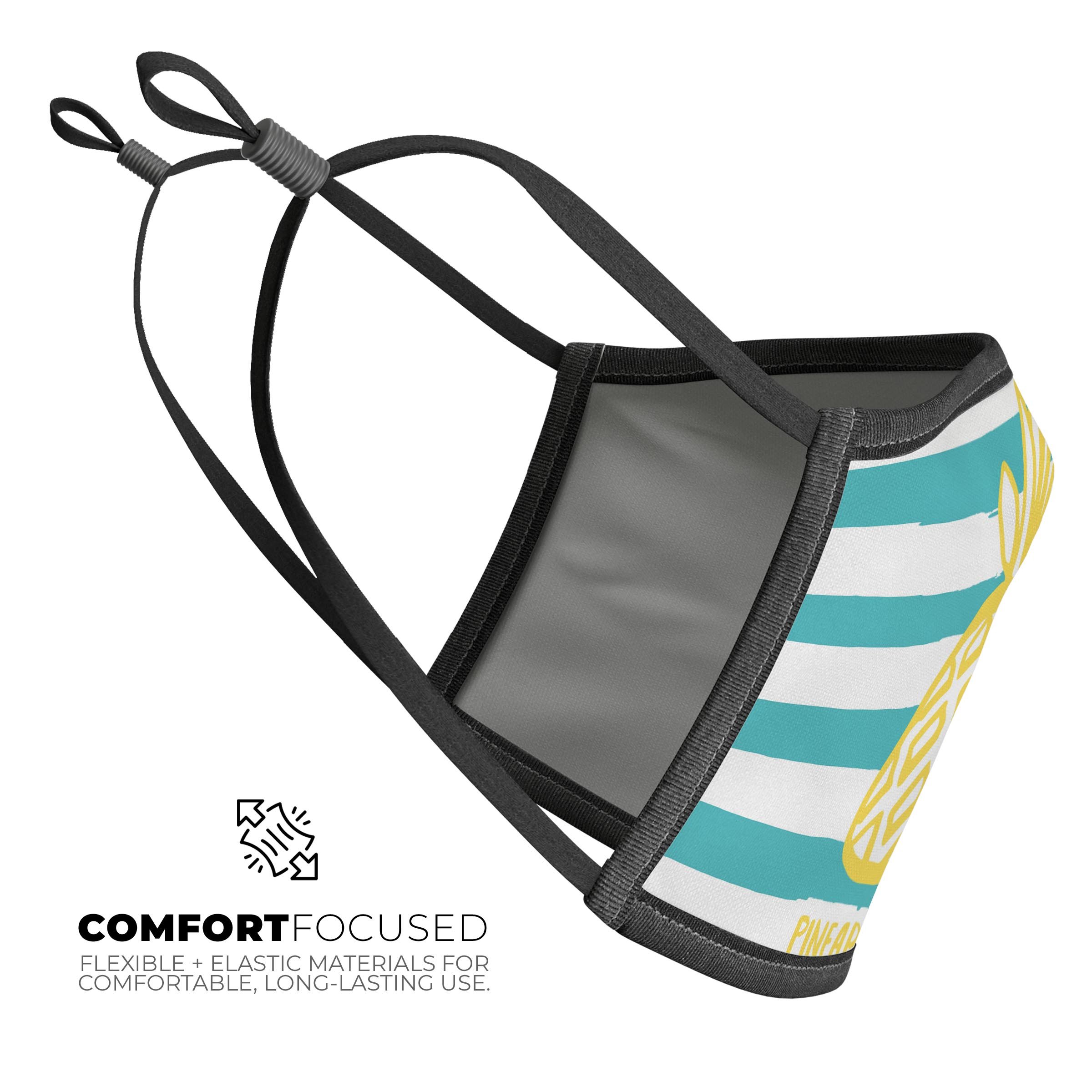 Striped Mint and Gold Pineapple face mask, featuring a vibrant design and adjustable ear loops for a comfortable fit.