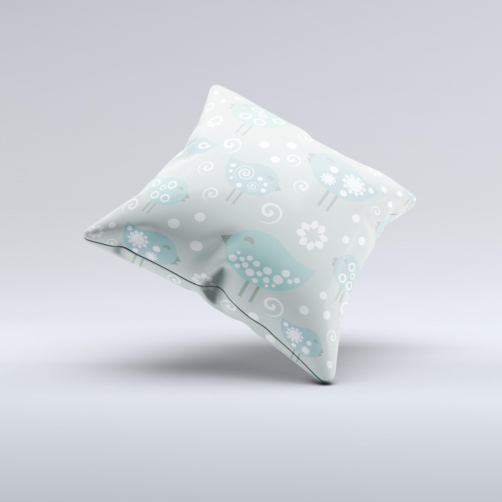 Subtle Blue Multiple Birds Ink-Fuzed Decorative Throw Pillow featuring a unique bird design on a soft blue background, handcrafted in Virginia.