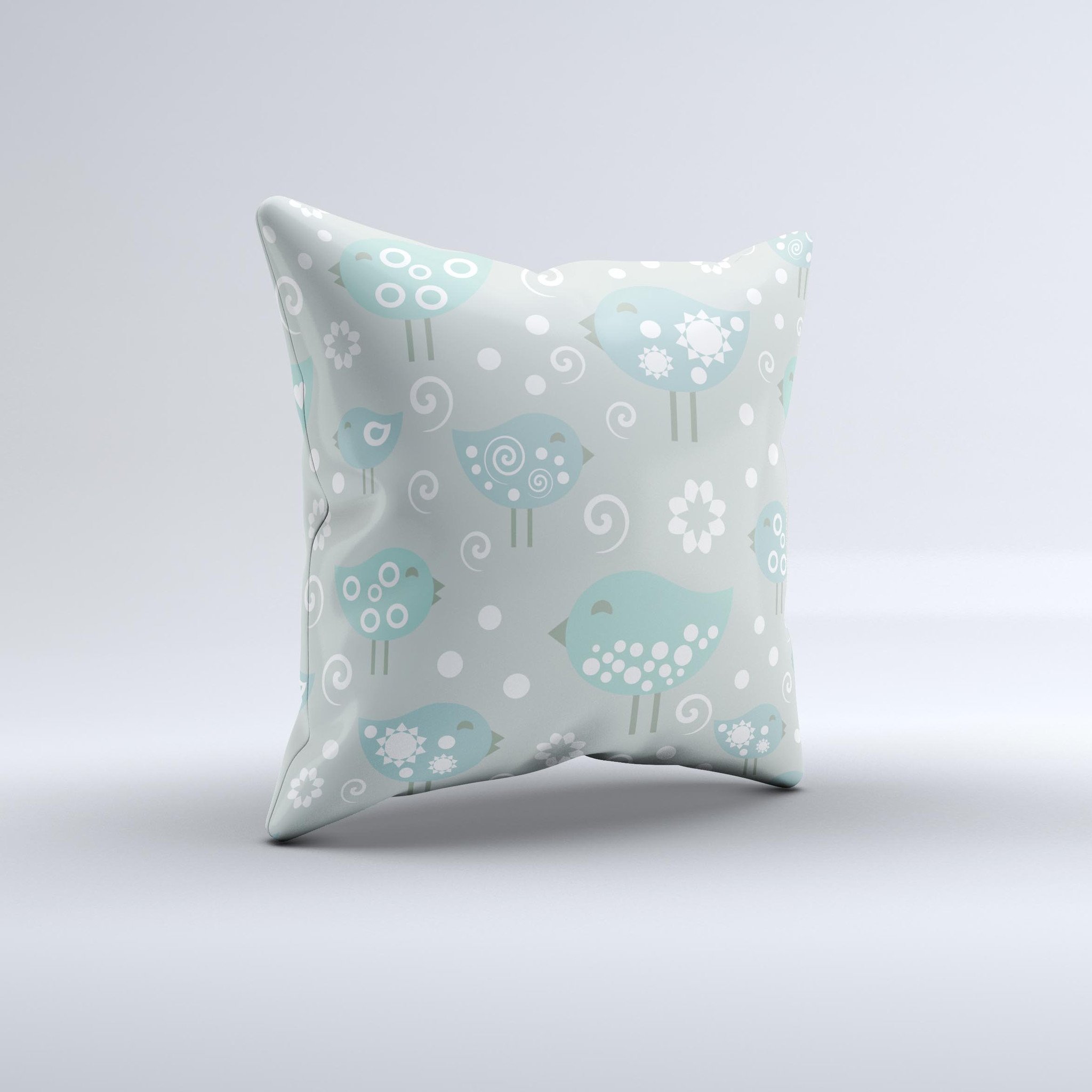 Subtle Blue Multiple Birds Ink-Fuzed Decorative Throw Pillow featuring a unique bird design on a soft blue background, handcrafted in Virginia.