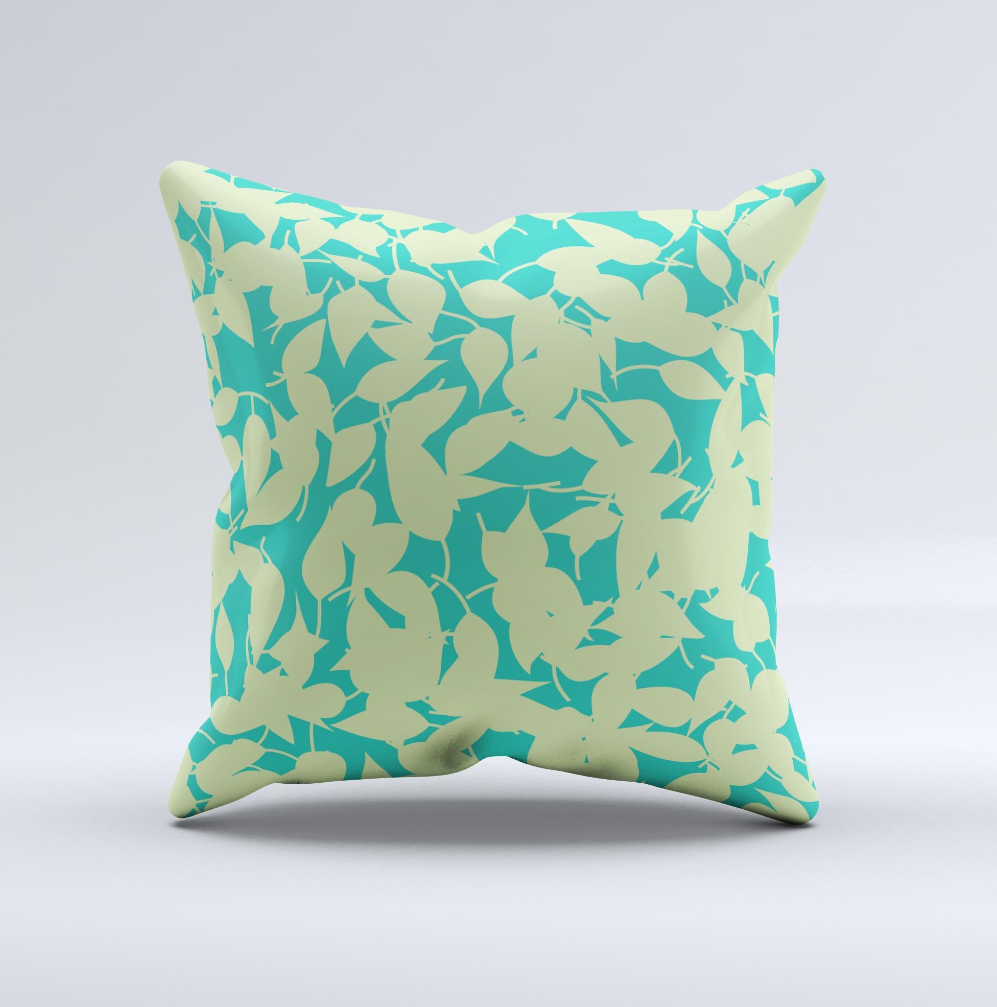 Subtle Green Seamless Leaves Ink-Fuzed Decorative Throw Pillow showcasing intricate leaf patterns on a soft fabric.