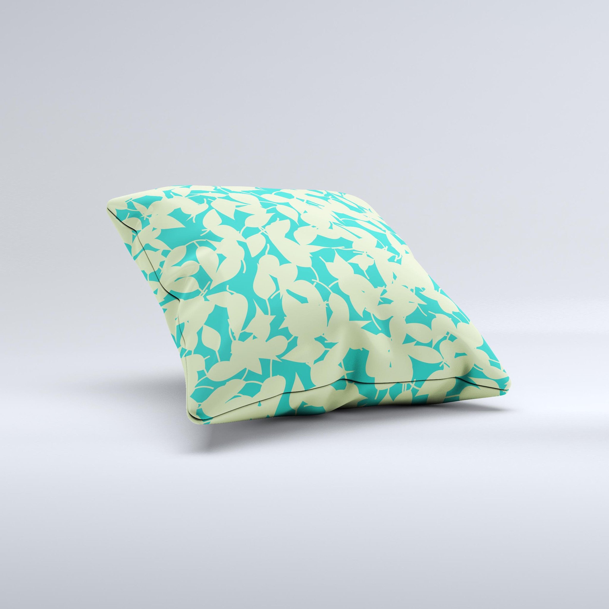 Subtle Green Seamless Leaves Ink-Fuzed Decorative Throw Pillow showcasing intricate leaf patterns on a soft fabric.