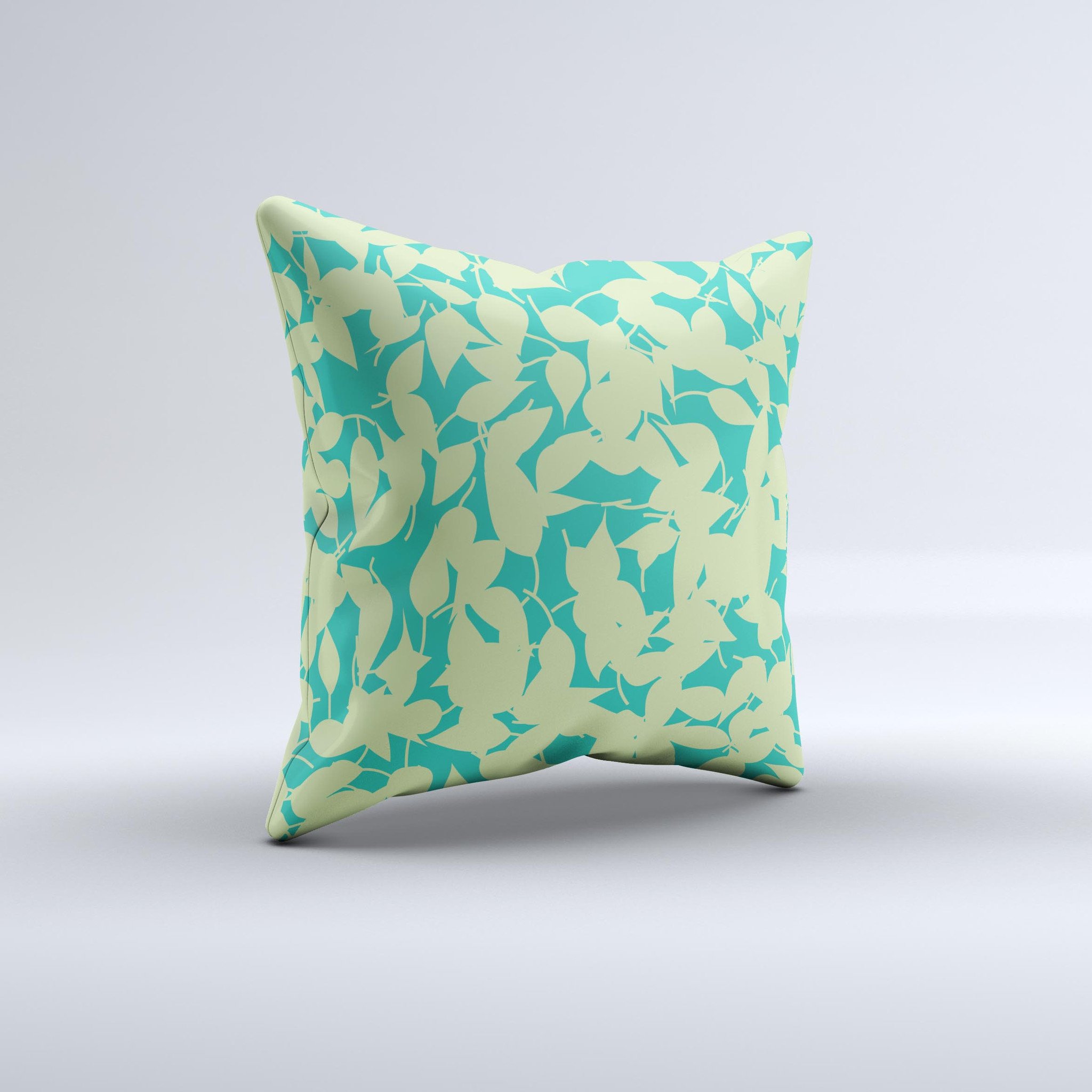 Subtle Green Seamless Leaves Ink-Fuzed Decorative Throw Pillow showcasing intricate leaf patterns on a soft fabric.