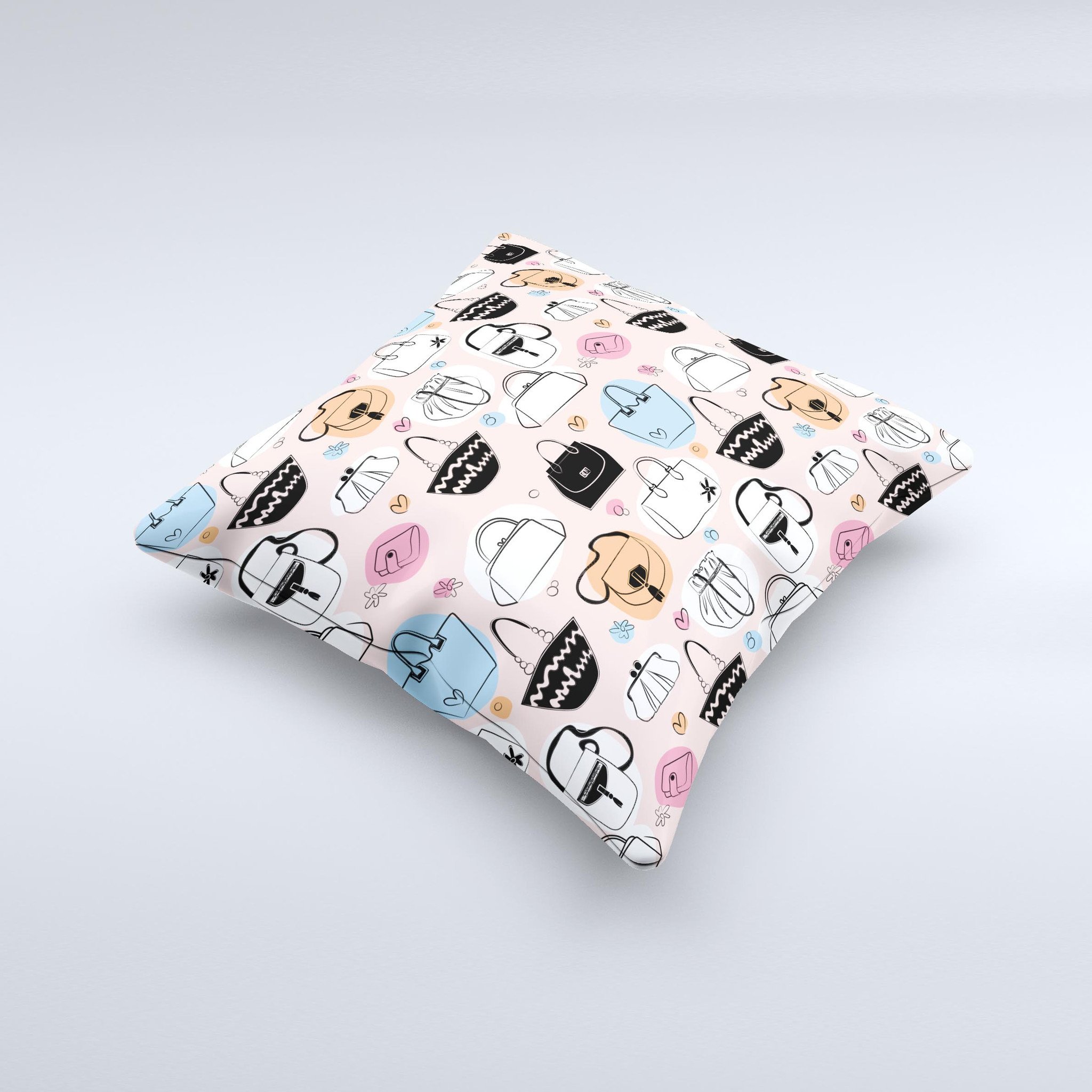 Subtle Pink And Purses Ink-Fuzed Decorative Throw Pillow with intricate design, showcasing its handcrafted quality and soft texture.