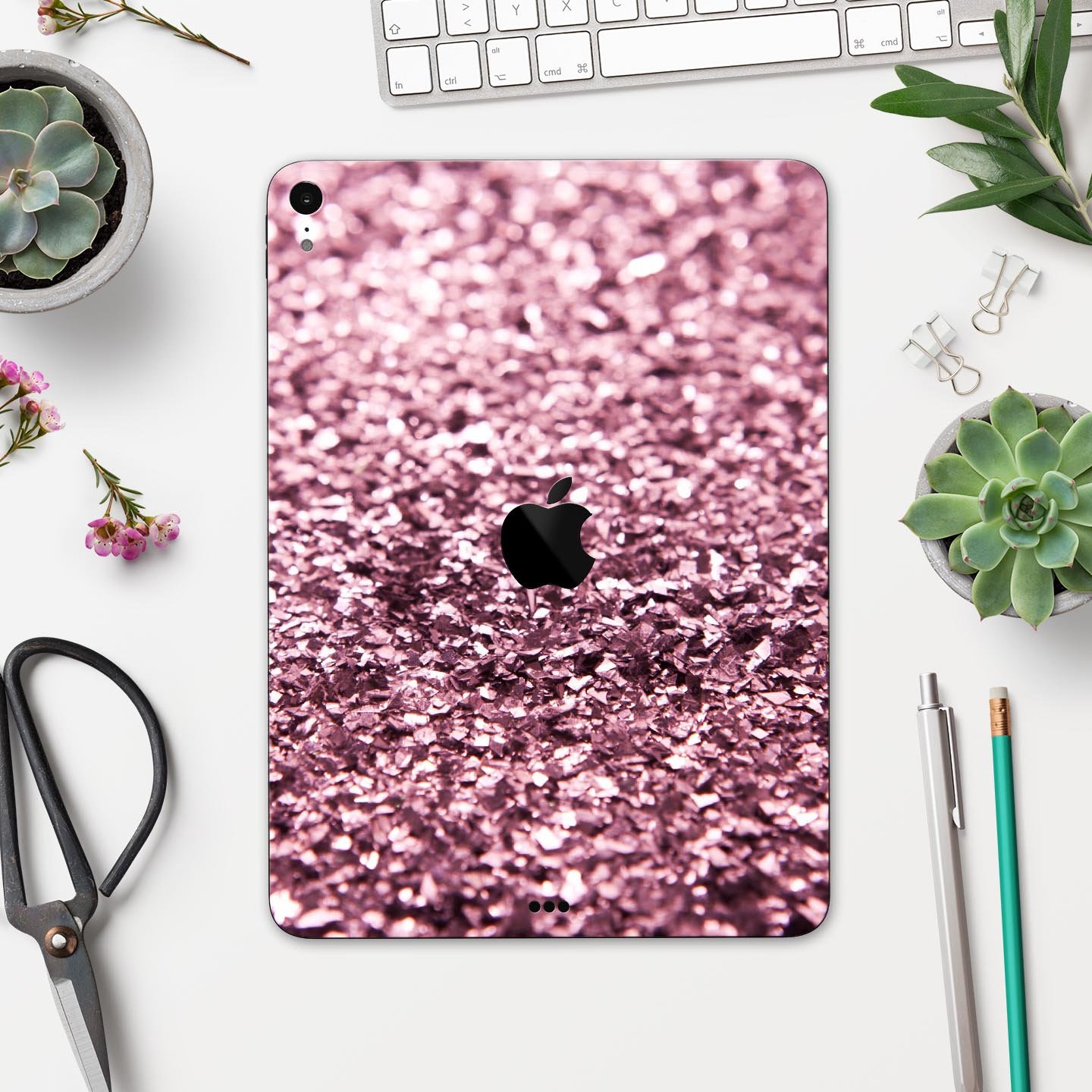 Subtle Pink Glimmer Full Body Skin Decal for Apple iPad Pro, showcasing a stylish pink design with a glossy finish.