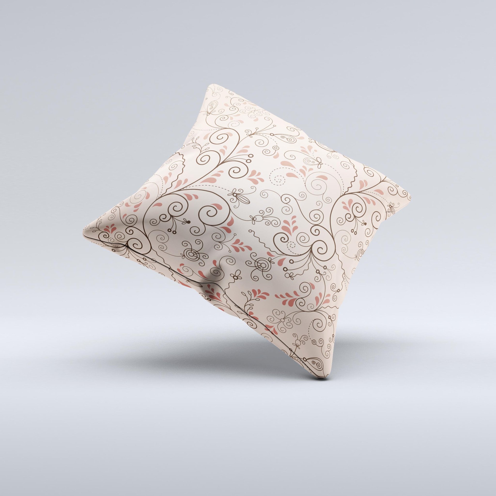 A beautifully handcrafted throw pillow featuring a subtle pink laced design, showcasing unique imperfections and high-quality fabric.