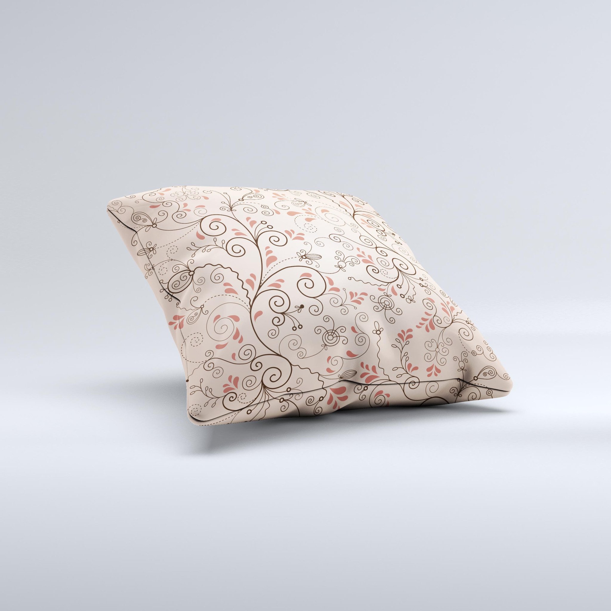 A beautifully handcrafted throw pillow featuring a subtle pink laced design, showcasing unique imperfections and high-quality fabric.