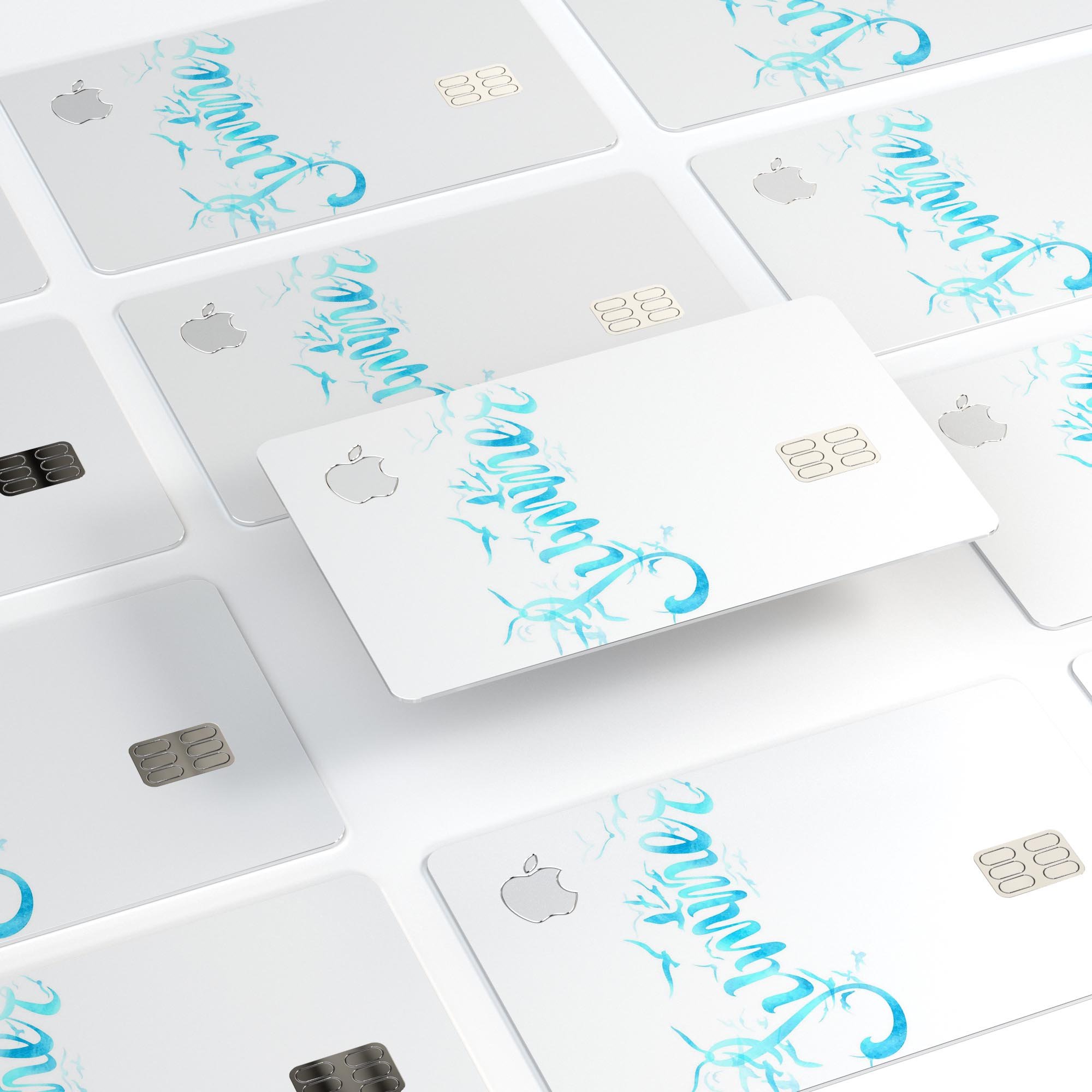 Summer Blue Watercolor Seagulls decal skin for Apple Card, showcasing vibrant colors and a protective design.