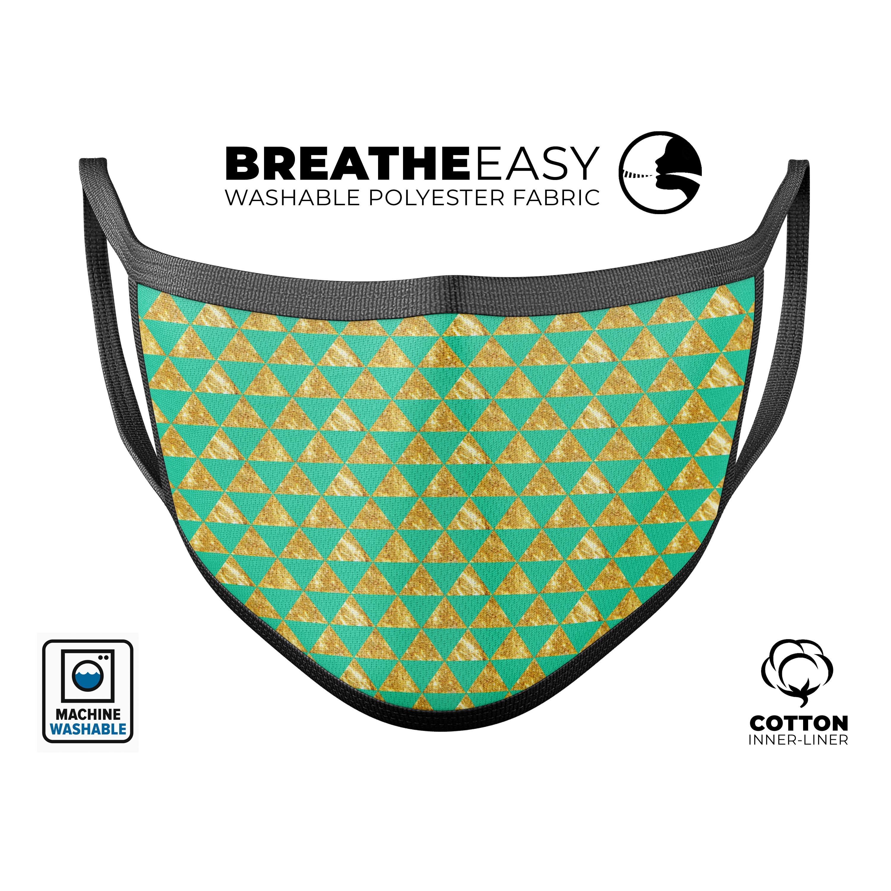Summer Green and Gold v1 mouth cover, featuring a vibrant design, adjustable ear-loops, and a soft cotton interior for comfort.