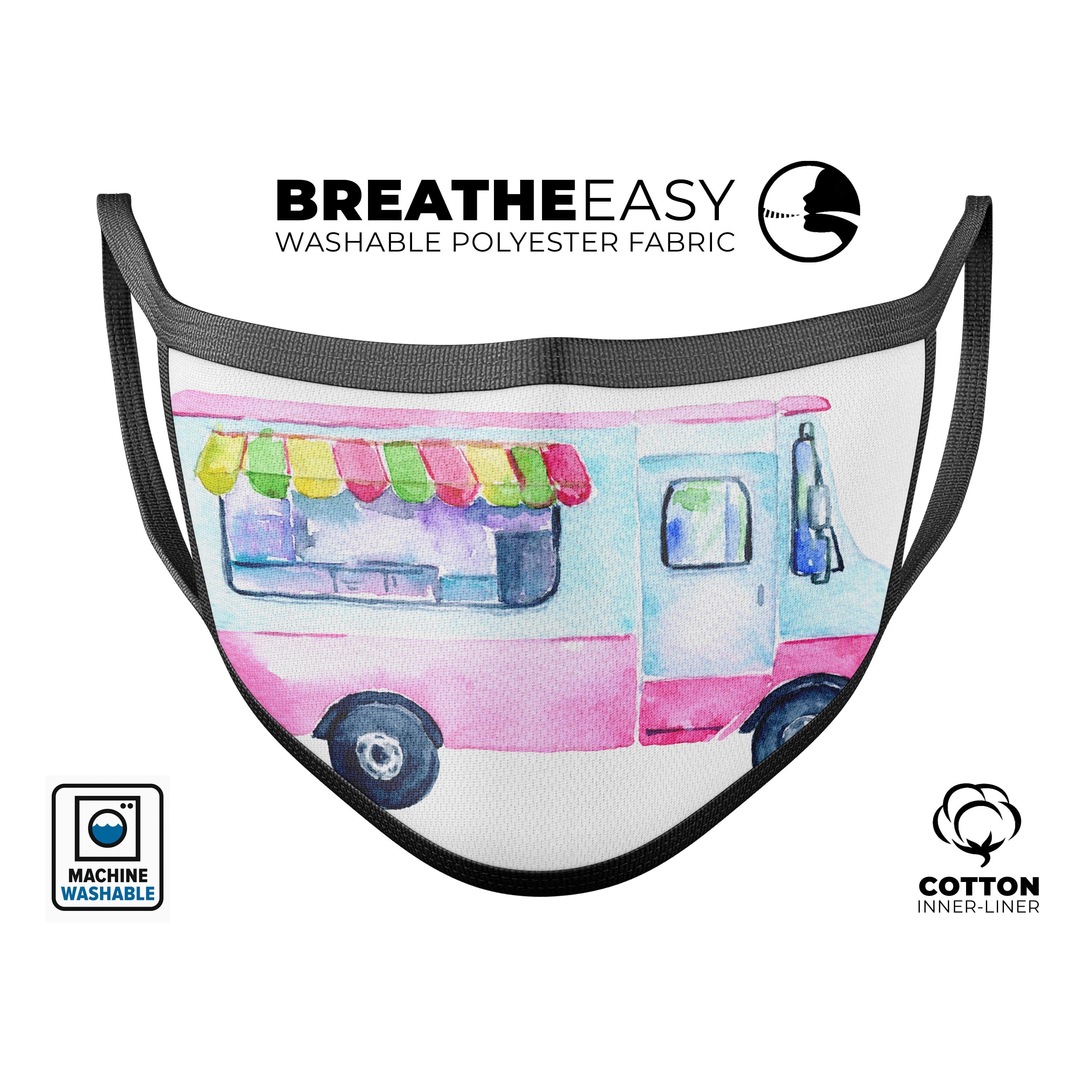 Summer Mode Ice Cream Truck face mask featuring a colorful ice cream truck design, made in the USA, adjustable ear loops for a perfect fit.