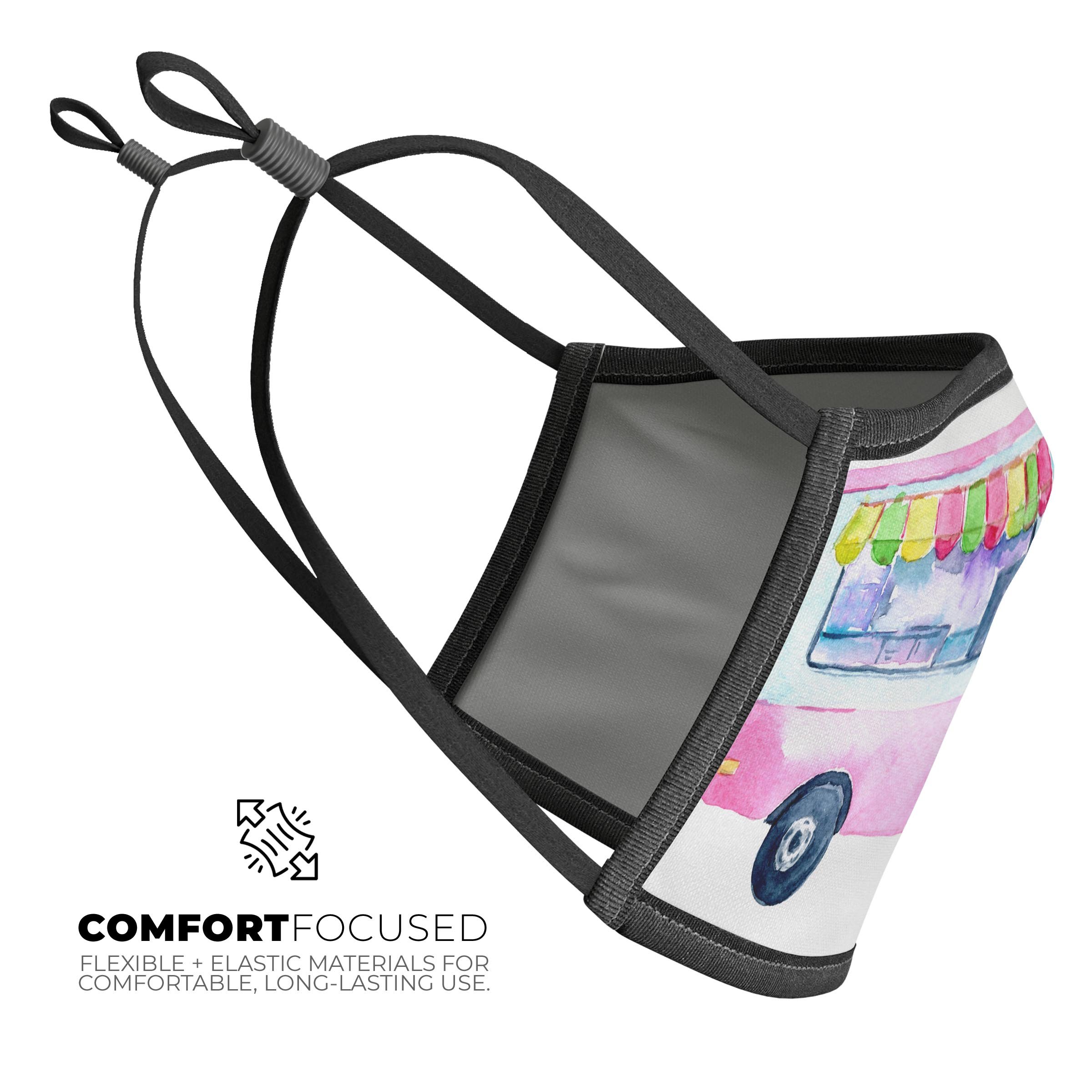 Summer Mode Ice Cream Truck face mask featuring a colorful ice cream truck design, made in the USA, adjustable ear loops for a perfect fit.