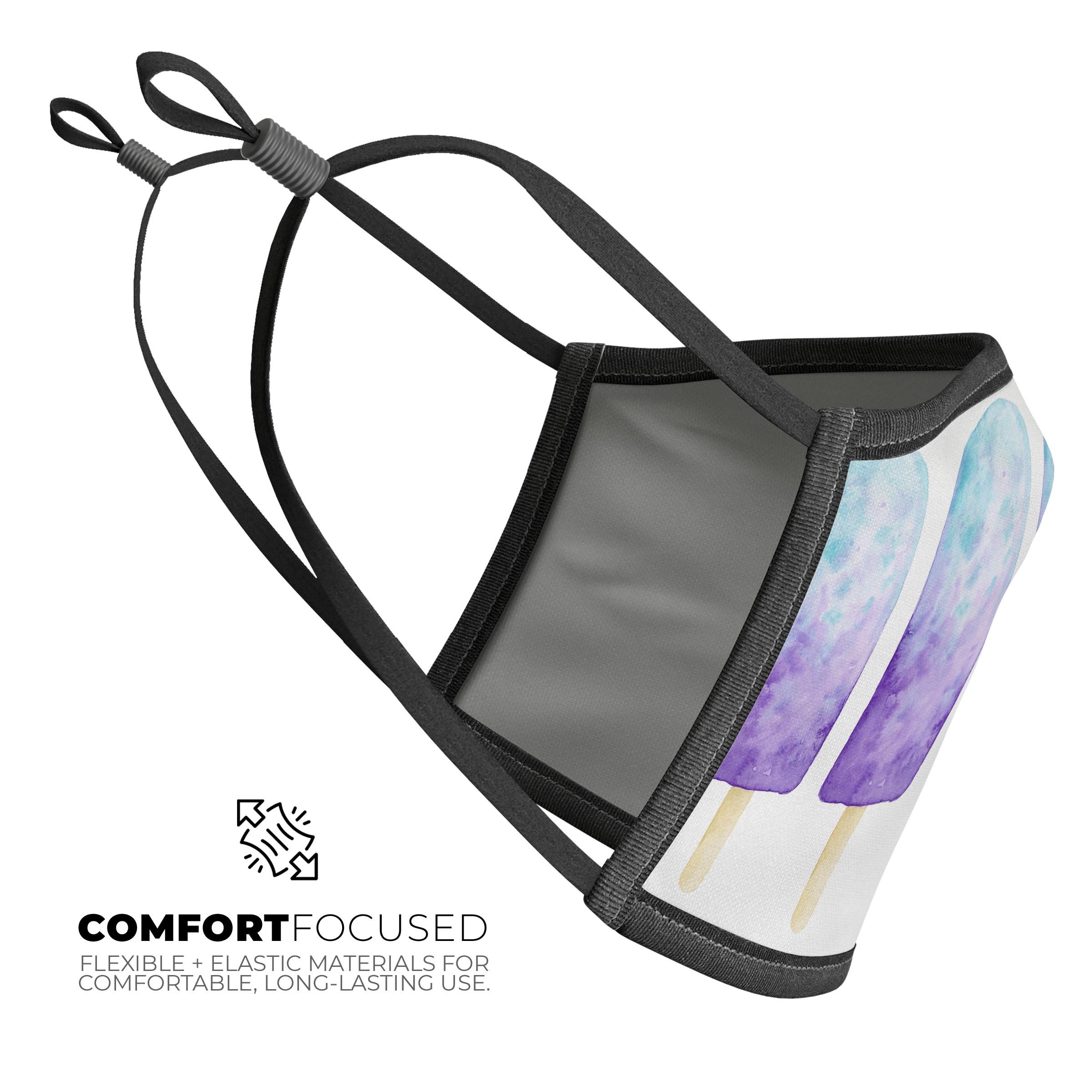 Summer Mode Ice Cream v11 mouth cover, featuring a colorful ice cream design, adjustable ear loops, and a comfortable cotton interior.