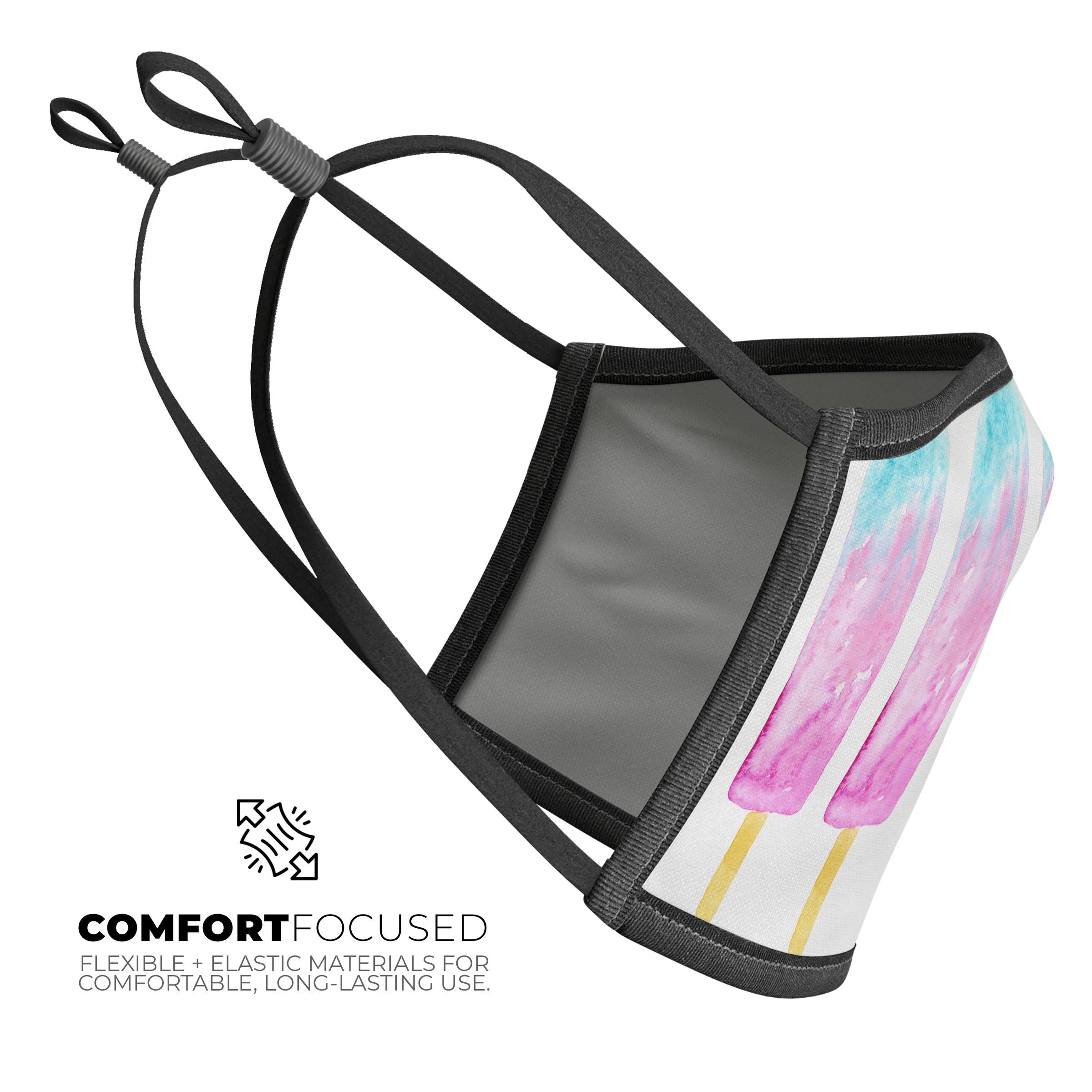 Summer Mode Ice Cream v14 mouth cover, featuring a colorful ice cream design, adjustable ear loops, and made from breathable cotton and polyester.