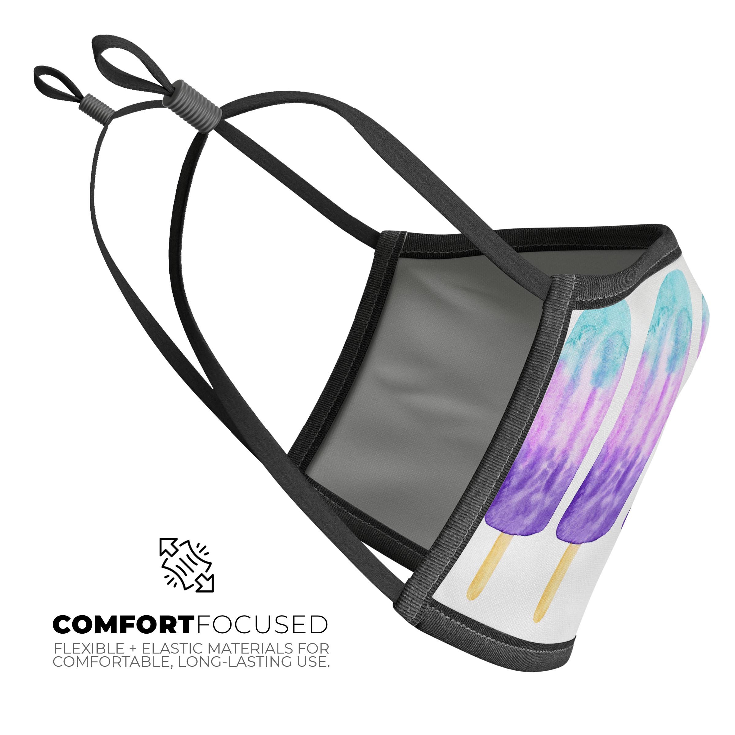 Summer Mode Ice Cream v3 mouth cover featuring a colorful ice cream design, adjustable ear loops, and a comfortable cotton interior.