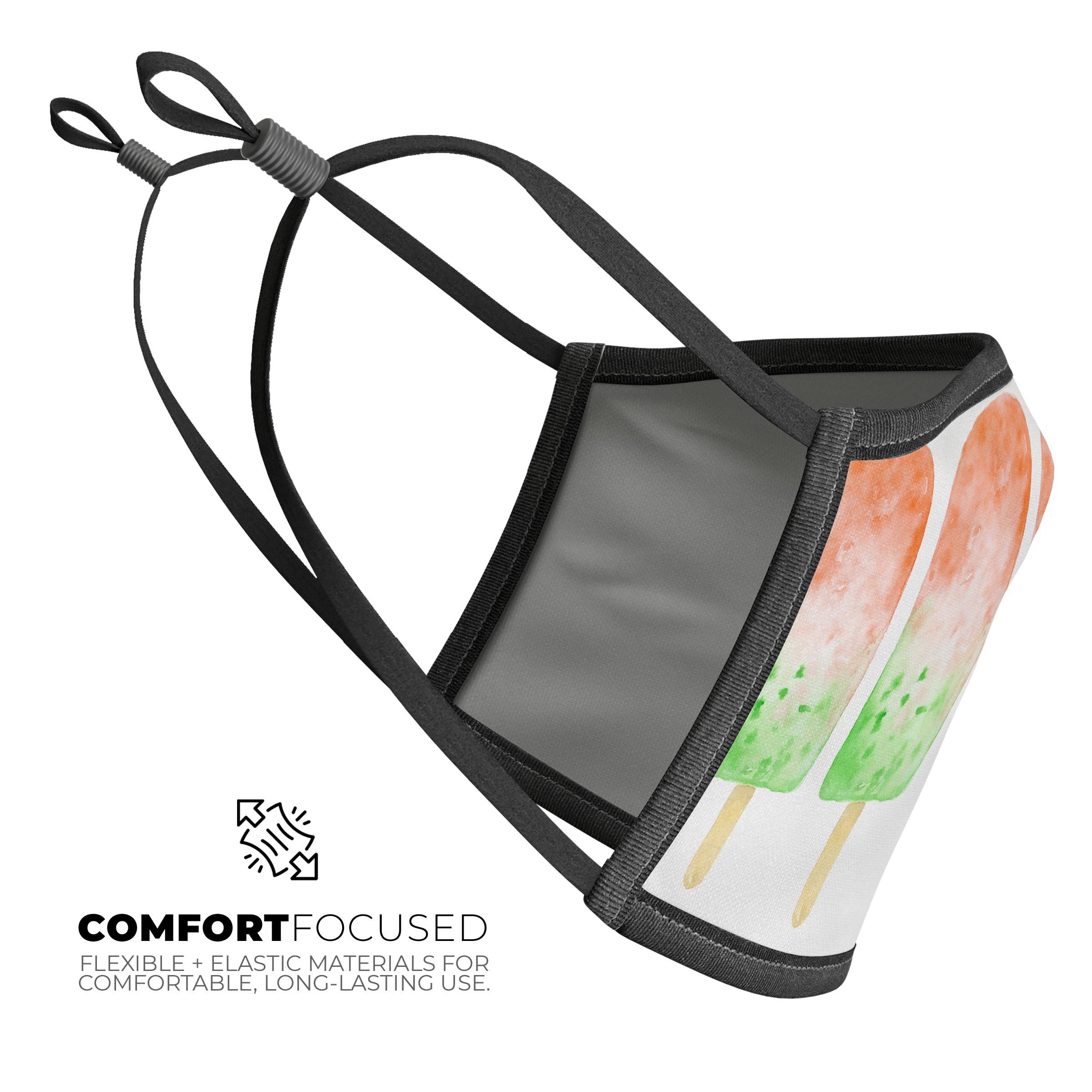 Summer Mode Ice Cream v8 mouth cover featuring vibrant colors and adjustable ear-loops, made in the USA.