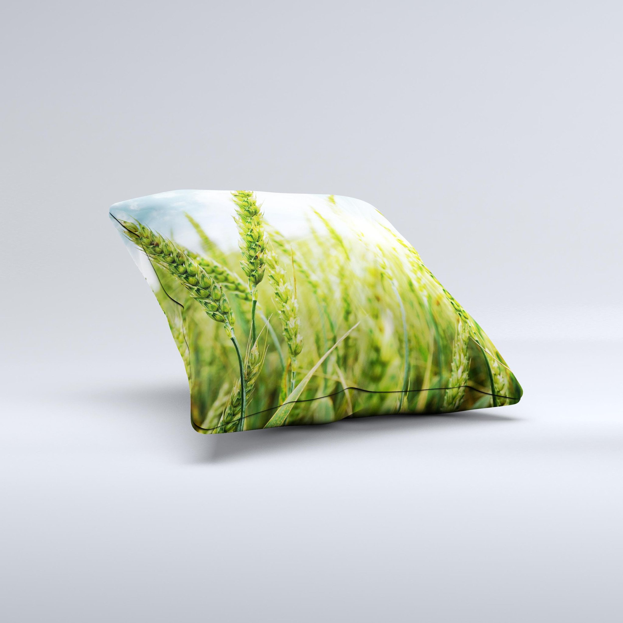 Sunny Wheat Field ink-Fuzed Decorative Throw Pillow showcasing a vibrant wheat field design, handcrafted in Virginia with high-quality materials.