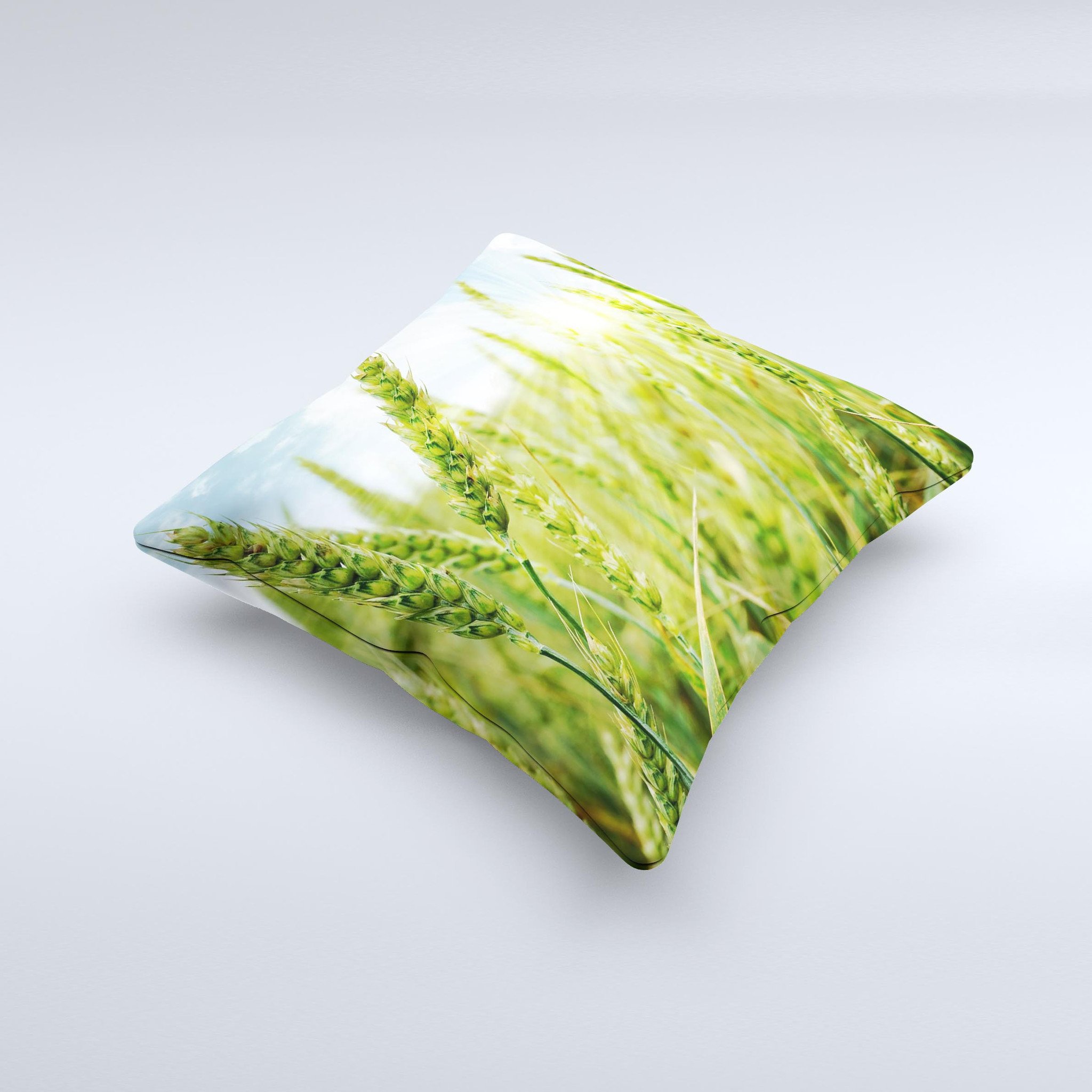 Sunny Wheat Field ink-Fuzed Decorative Throw Pillow showcasing a vibrant wheat field design, handcrafted in Virginia with high-quality materials.