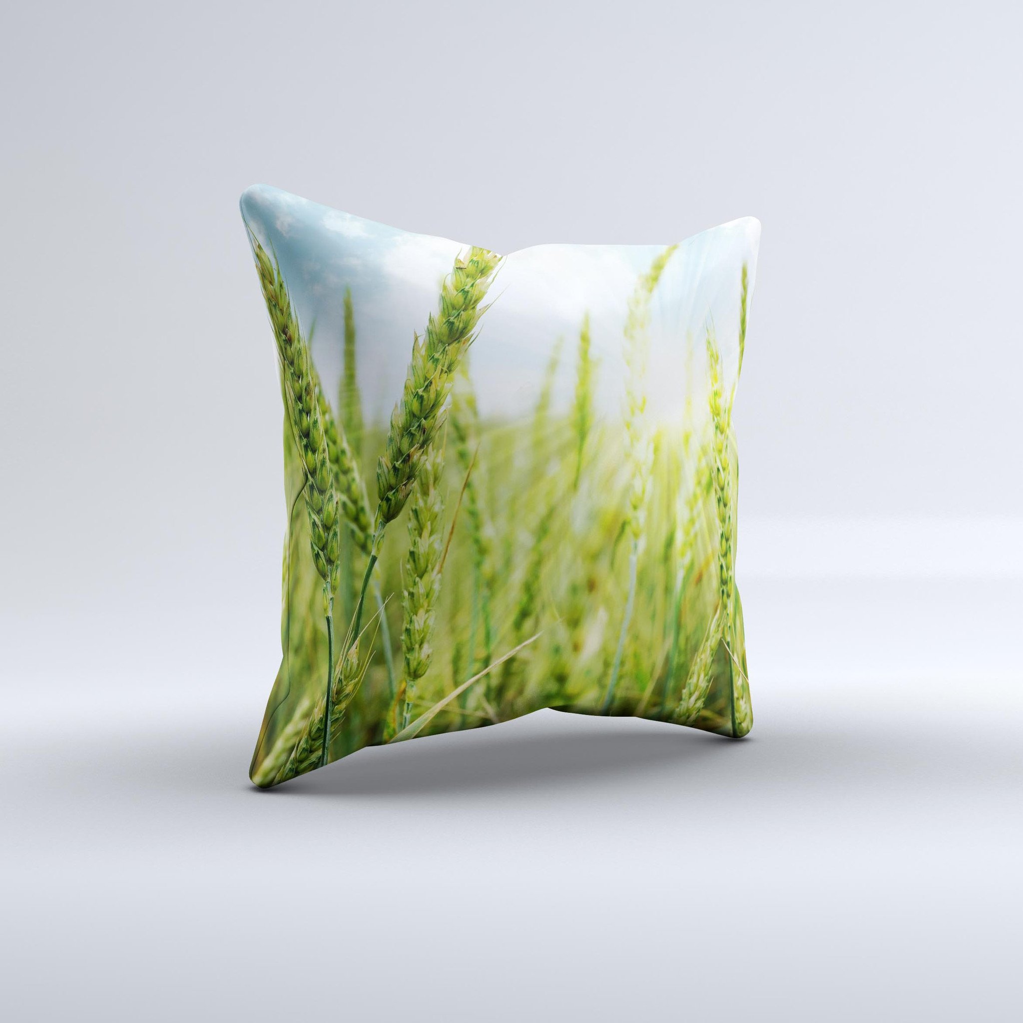 Sunny Wheat Field ink-Fuzed Decorative Throw Pillow showcasing a vibrant wheat field design, handcrafted in Virginia with high-quality materials.