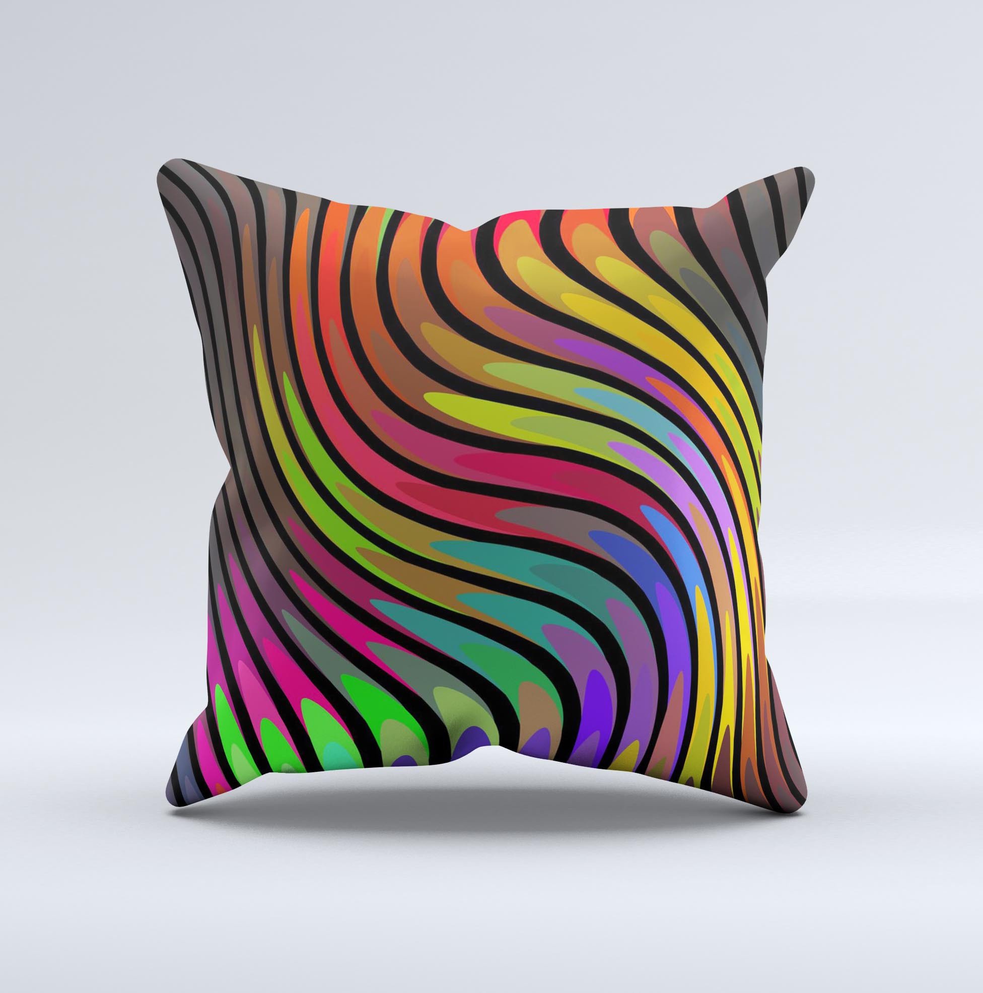 A vibrant swirled neon abstract lines decorative throw pillow, handcrafted in Virginia, showcasing unique colors and patterns.