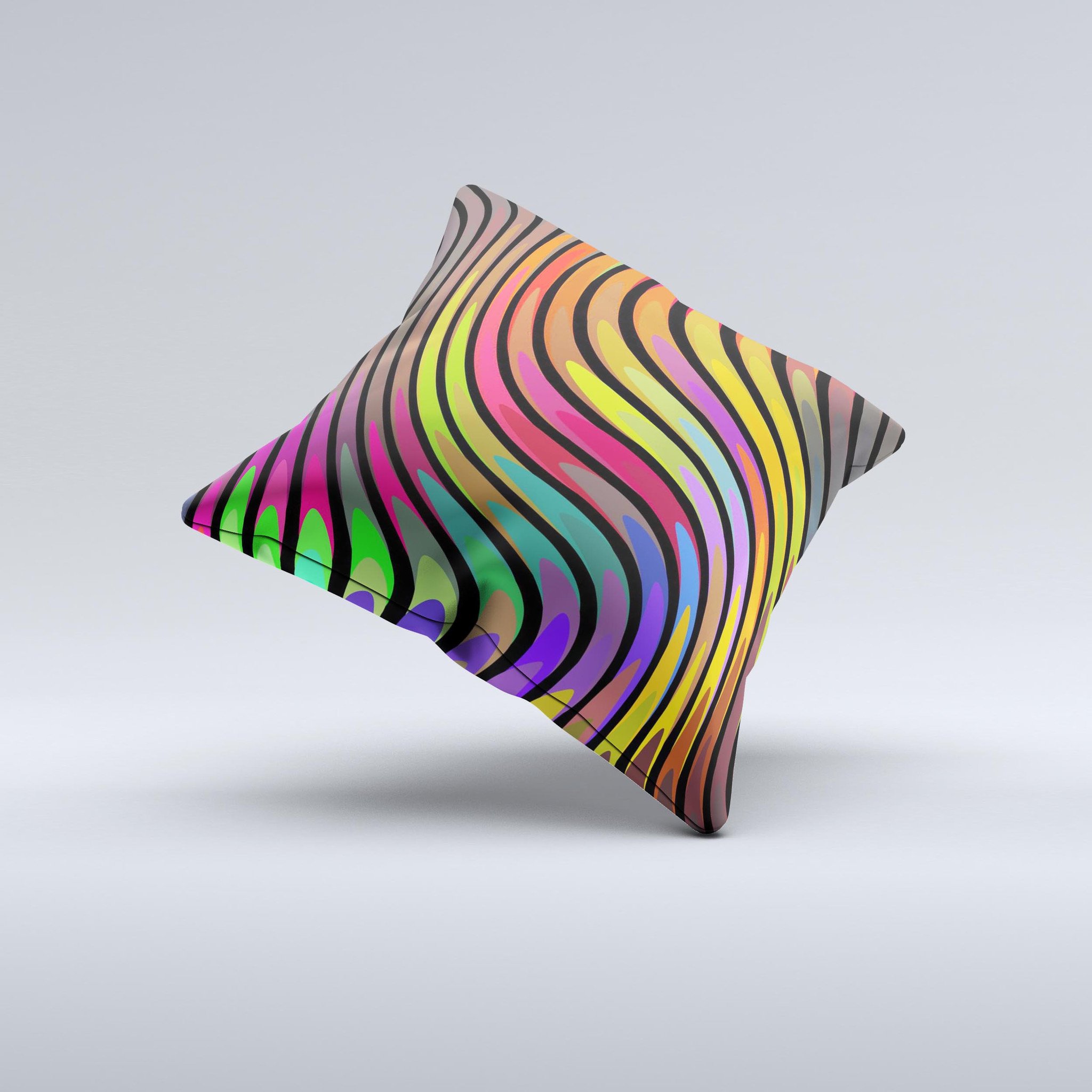 A vibrant swirled neon abstract lines decorative throw pillow, handcrafted in Virginia, showcasing unique colors and patterns.
