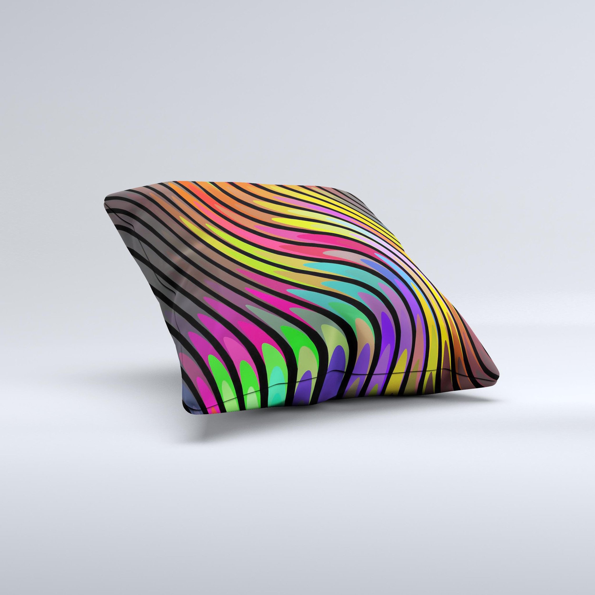 A vibrant swirled neon abstract lines decorative throw pillow, handcrafted in Virginia, showcasing unique colors and patterns.