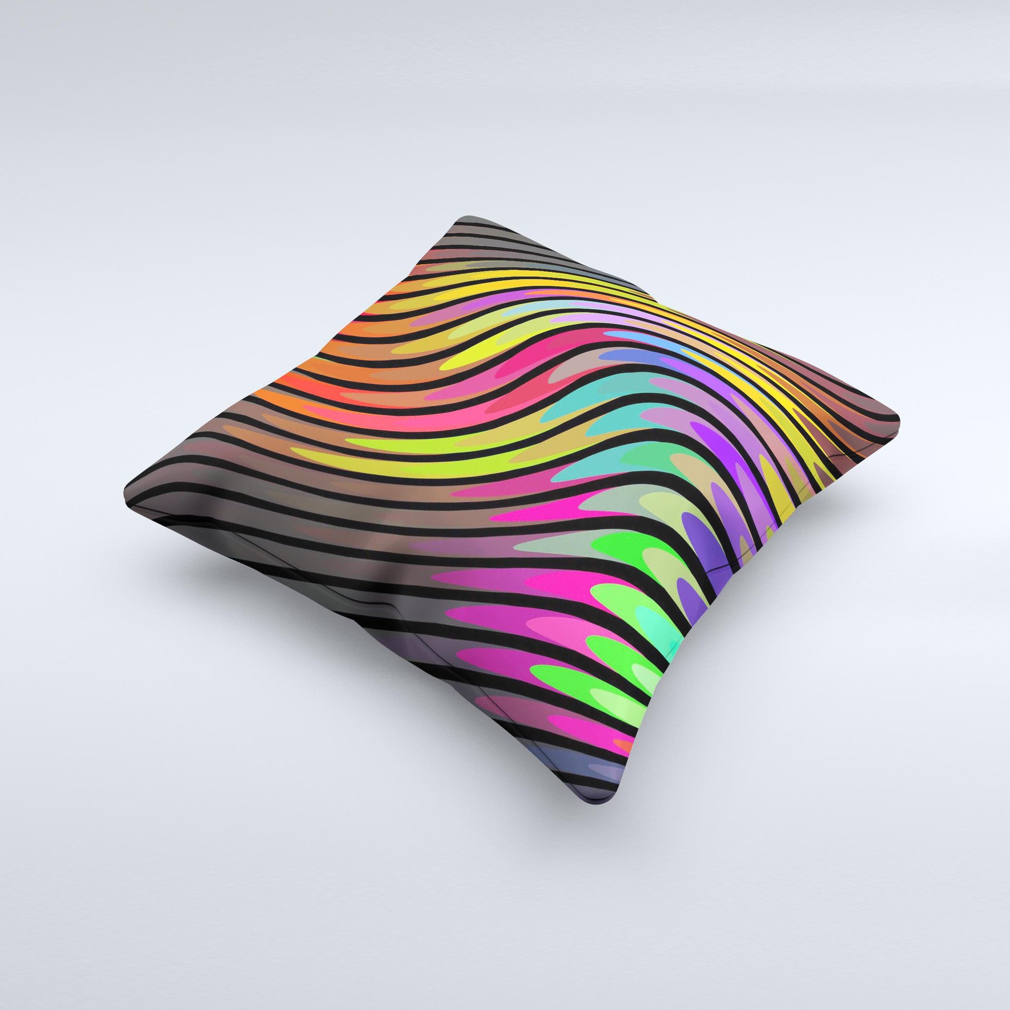 A vibrant swirled neon abstract lines decorative throw pillow, handcrafted in Virginia, showcasing unique colors and patterns.