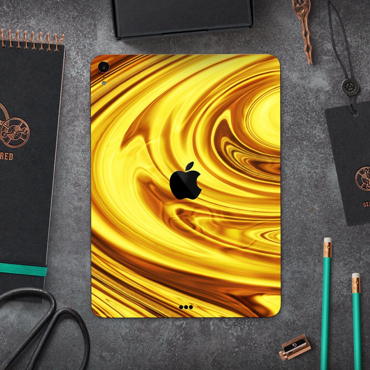 Swirling Liquid Gold Full Body Skin Decal for Apple iPad Pro, showcasing a luxurious gold design with a glossy finish.