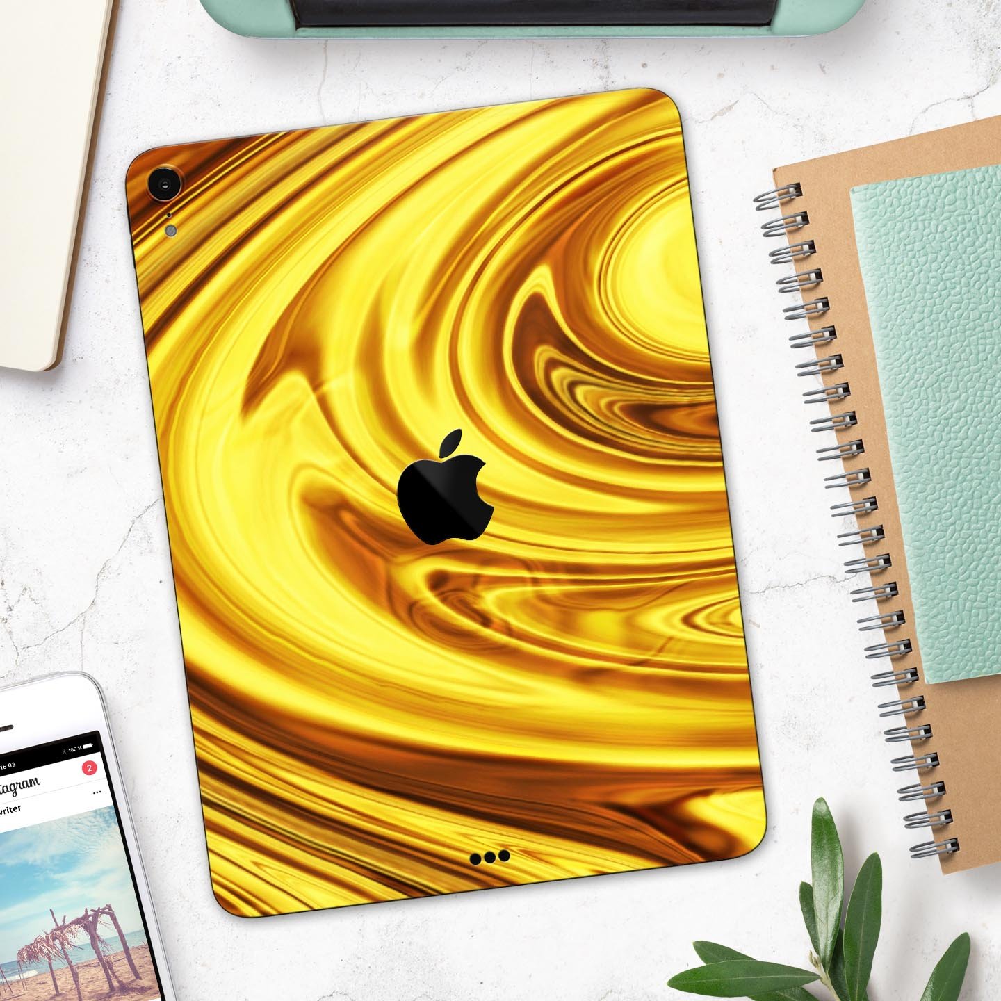 Swirling Liquid Gold Full Body Skin Decal for Apple iPad Pro, showcasing a luxurious gold design with a glossy finish.