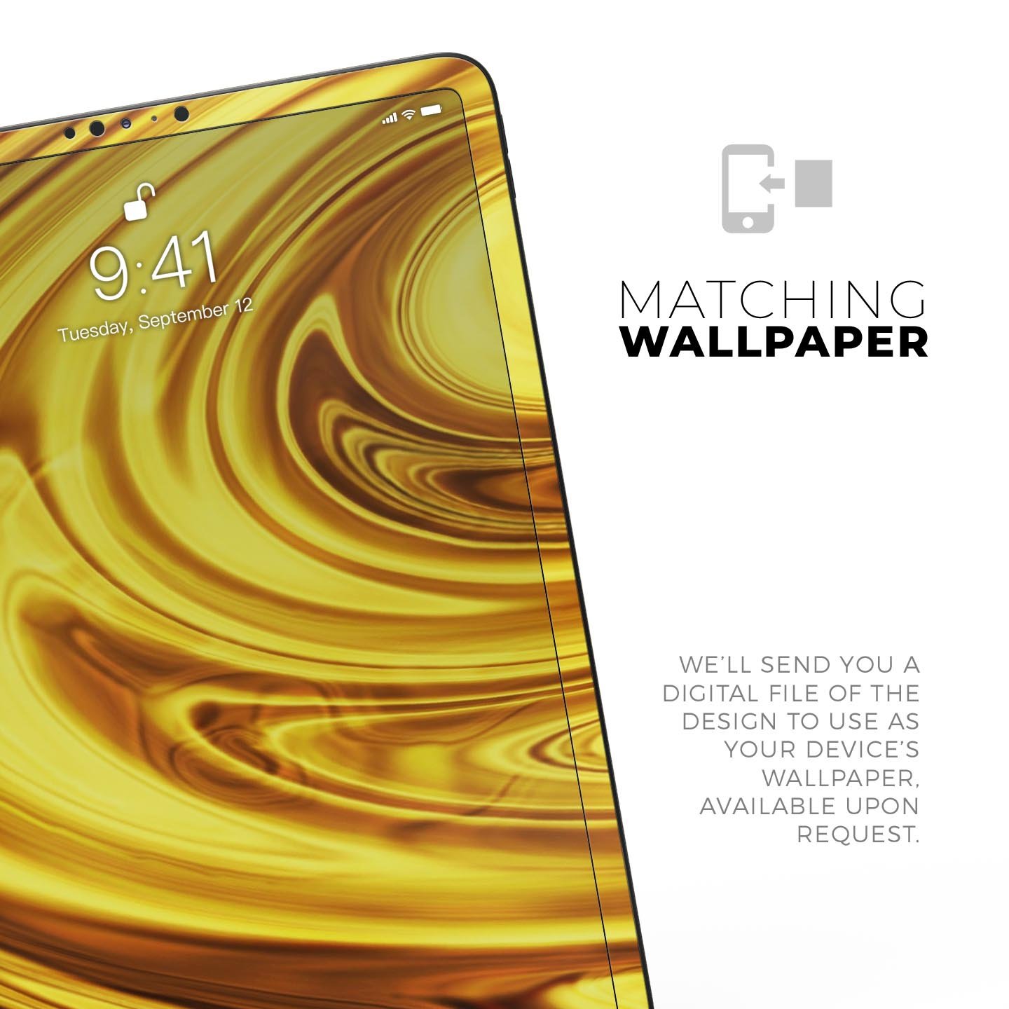 Swirling Liquid Gold Full Body Skin Decal for Apple iPad Pro, showcasing a luxurious gold design with a glossy finish.