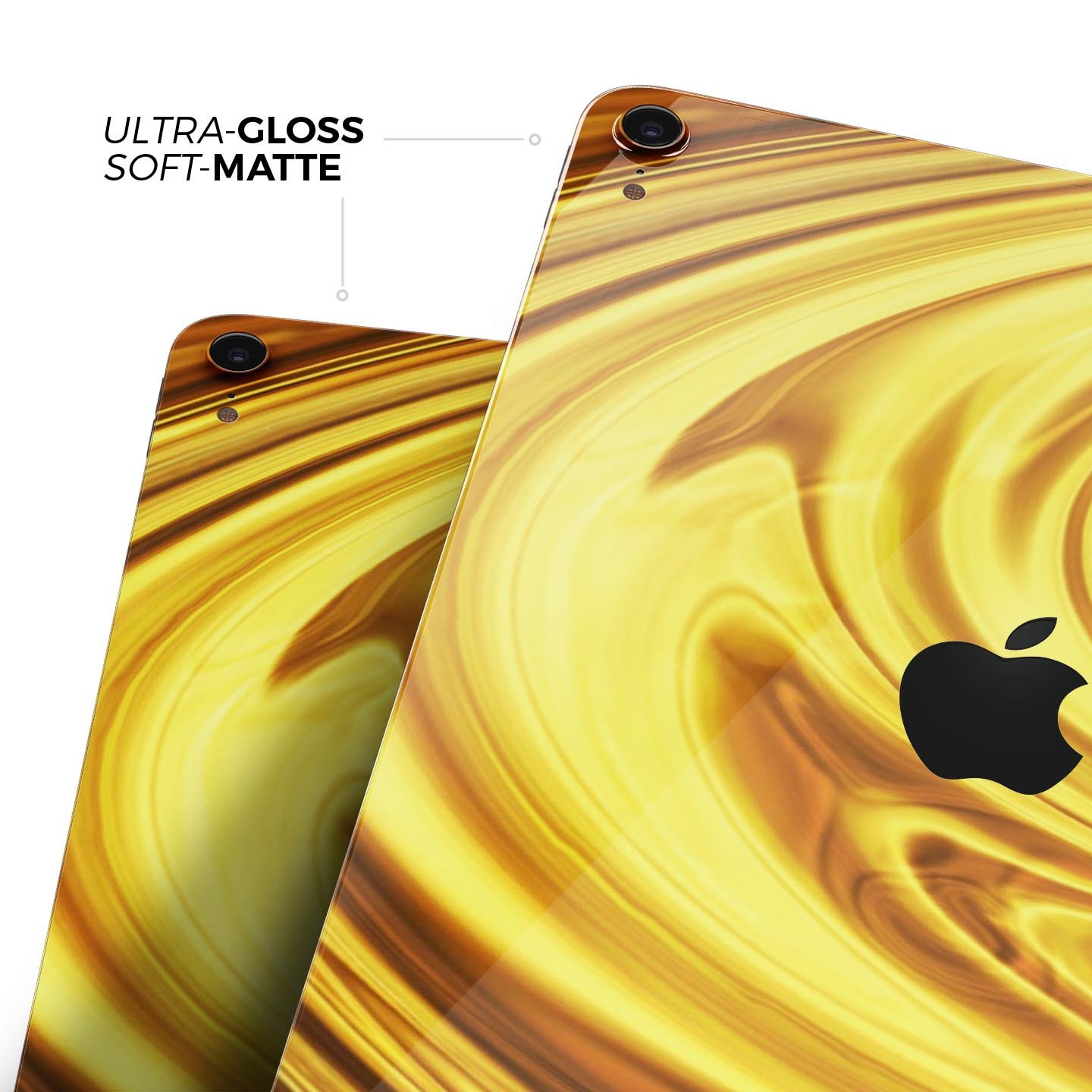 Swirling Liquid Gold Full Body Skin Decal for Apple iPad Pro, showcasing a luxurious gold design with a glossy finish.