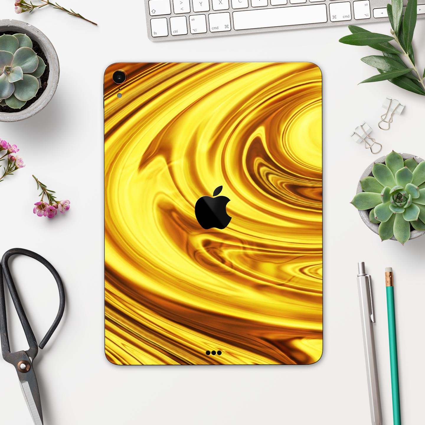 Swirling Liquid Gold Full Body Skin Decal for Apple iPad Pro, showcasing a luxurious gold design with a glossy finish.