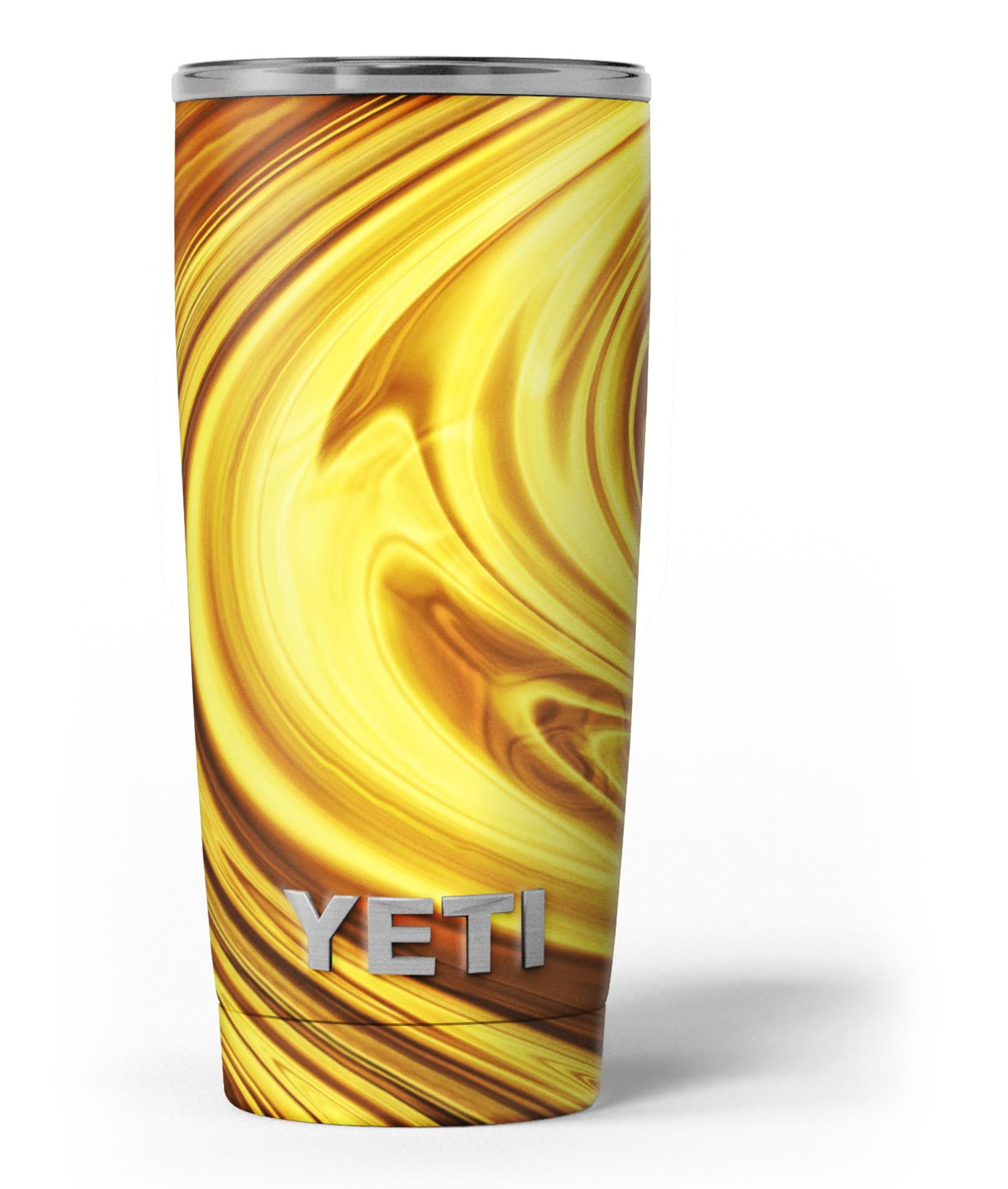 Swirling Liquid Gold skin decal vinyl wrap kit for Yeti Cooler, showcasing vibrant gold swirls on a sleek surface.