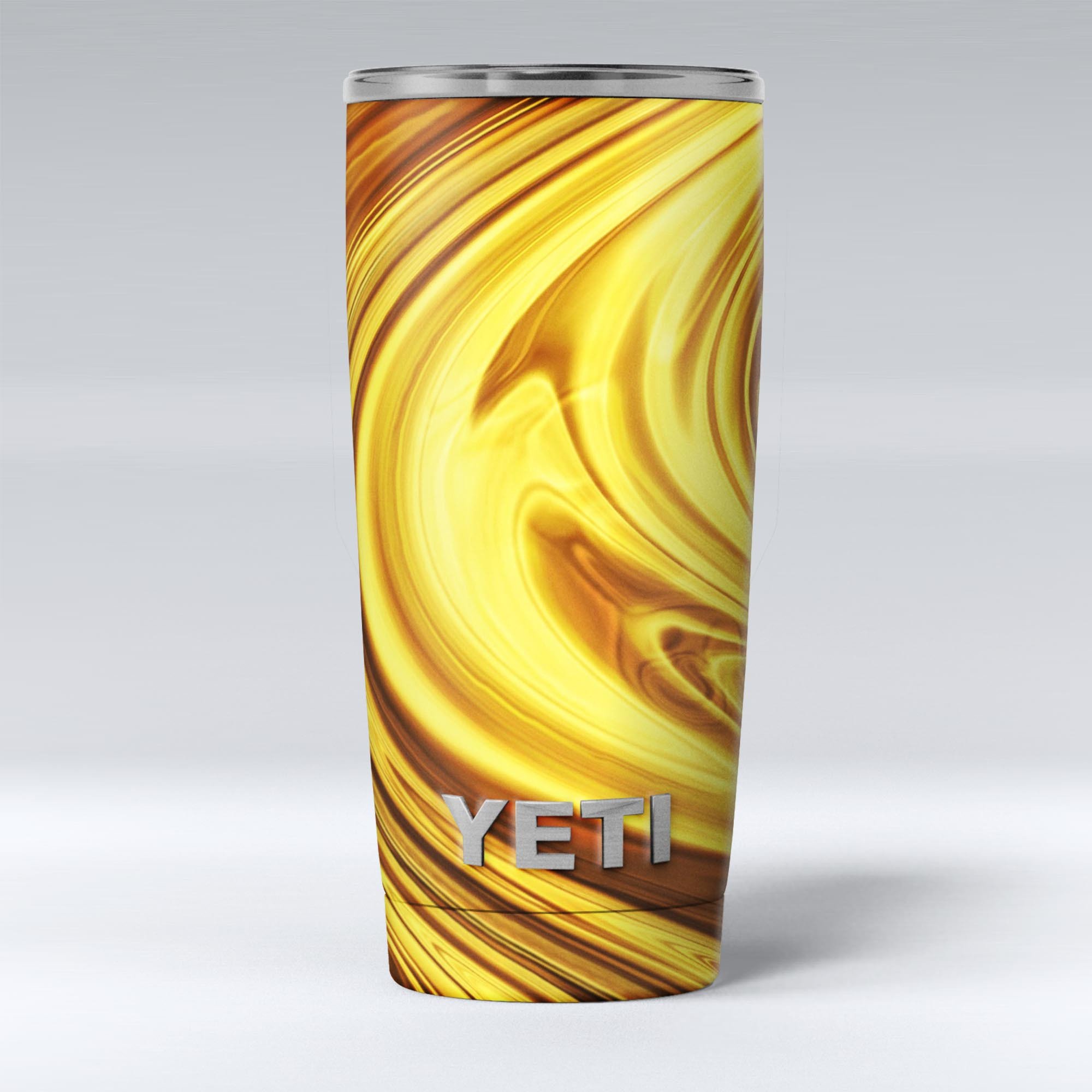Swirling Liquid Gold skin decal vinyl wrap kit for Yeti Cooler, showcasing vibrant gold swirls on a sleek surface.