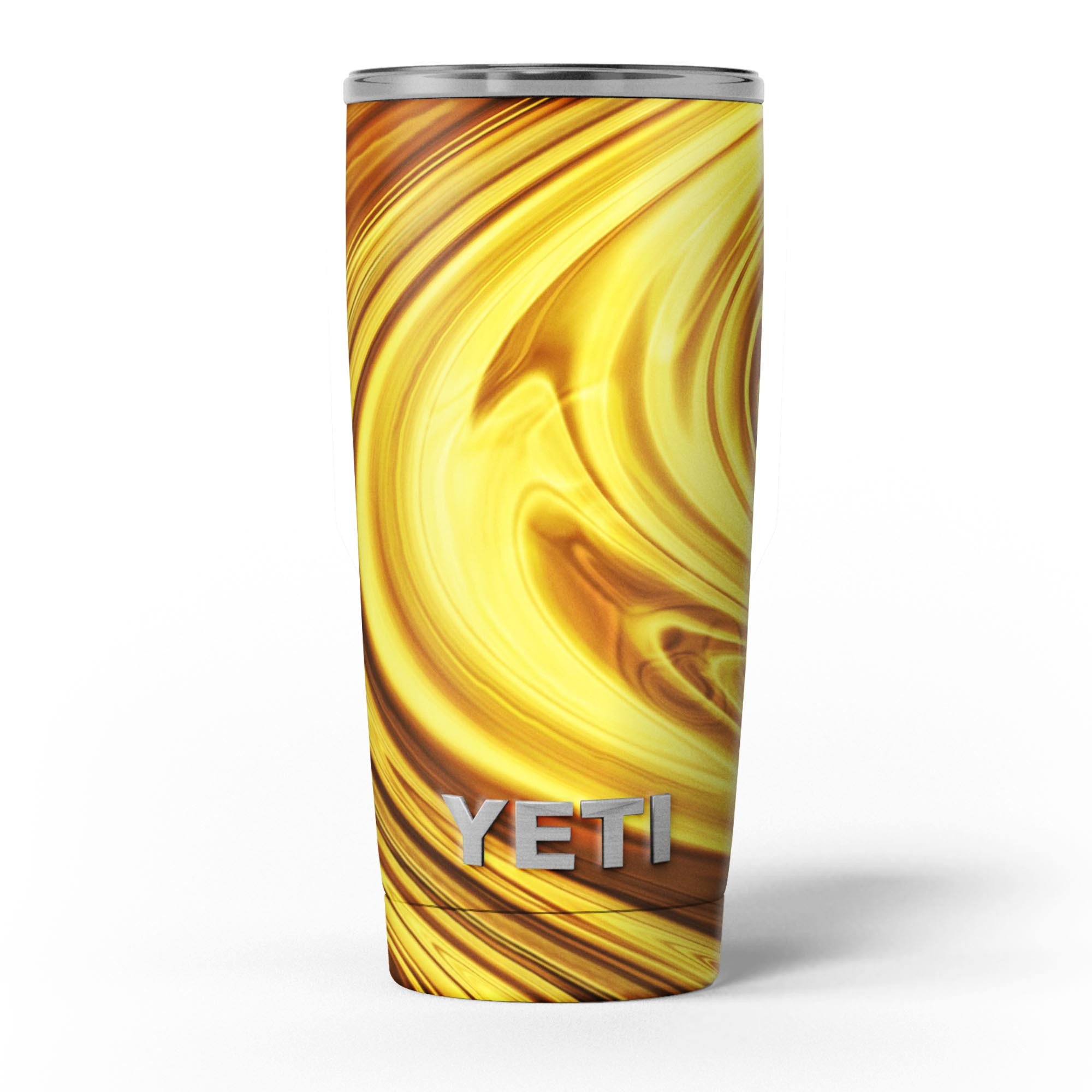 Swirling Liquid Gold skin decal vinyl wrap kit for Yeti Cooler, showcasing vibrant gold swirls on a sleek surface.