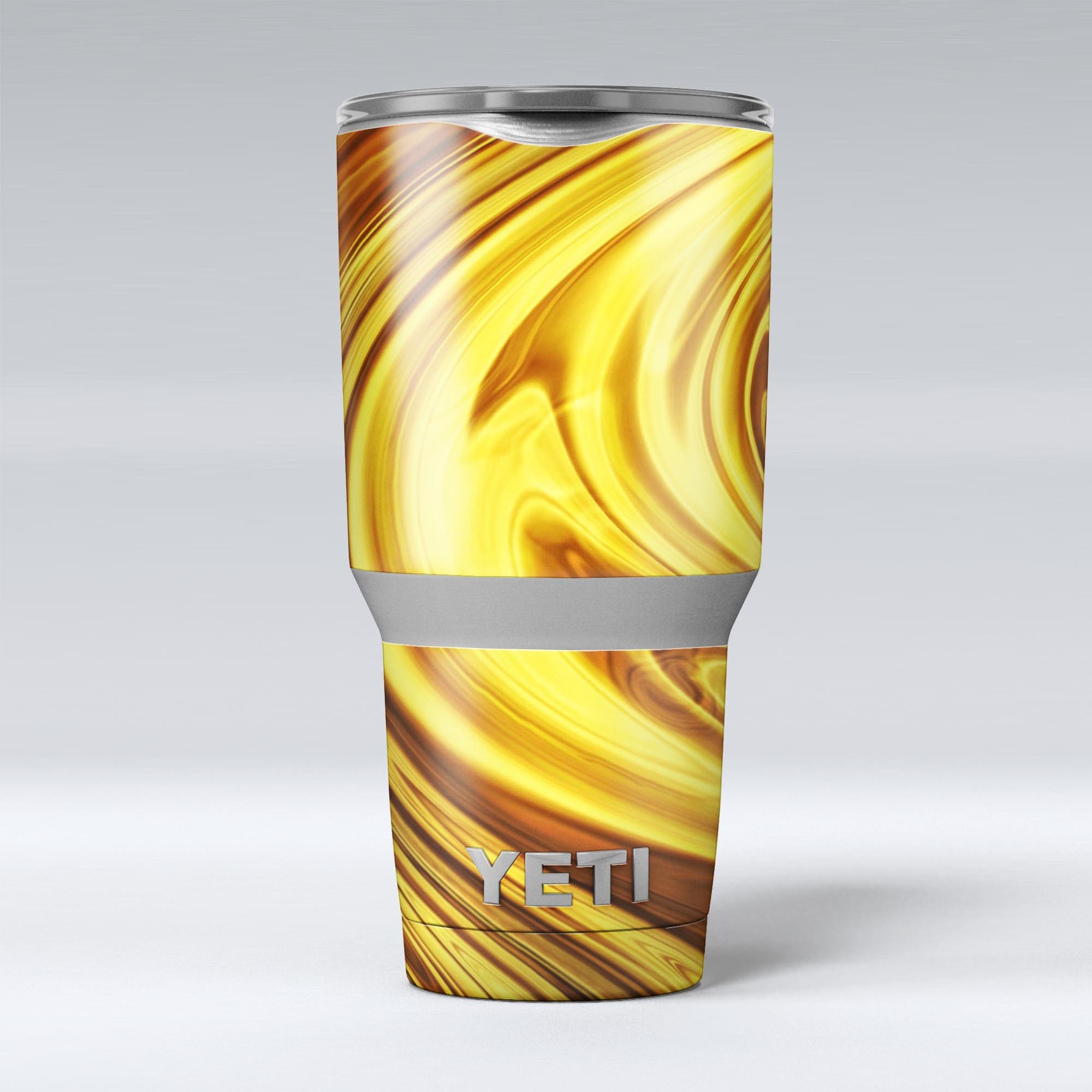 Swirling Liquid Gold skin decal vinyl wrap kit for Yeti Cooler, showcasing vibrant gold swirls on a sleek surface.