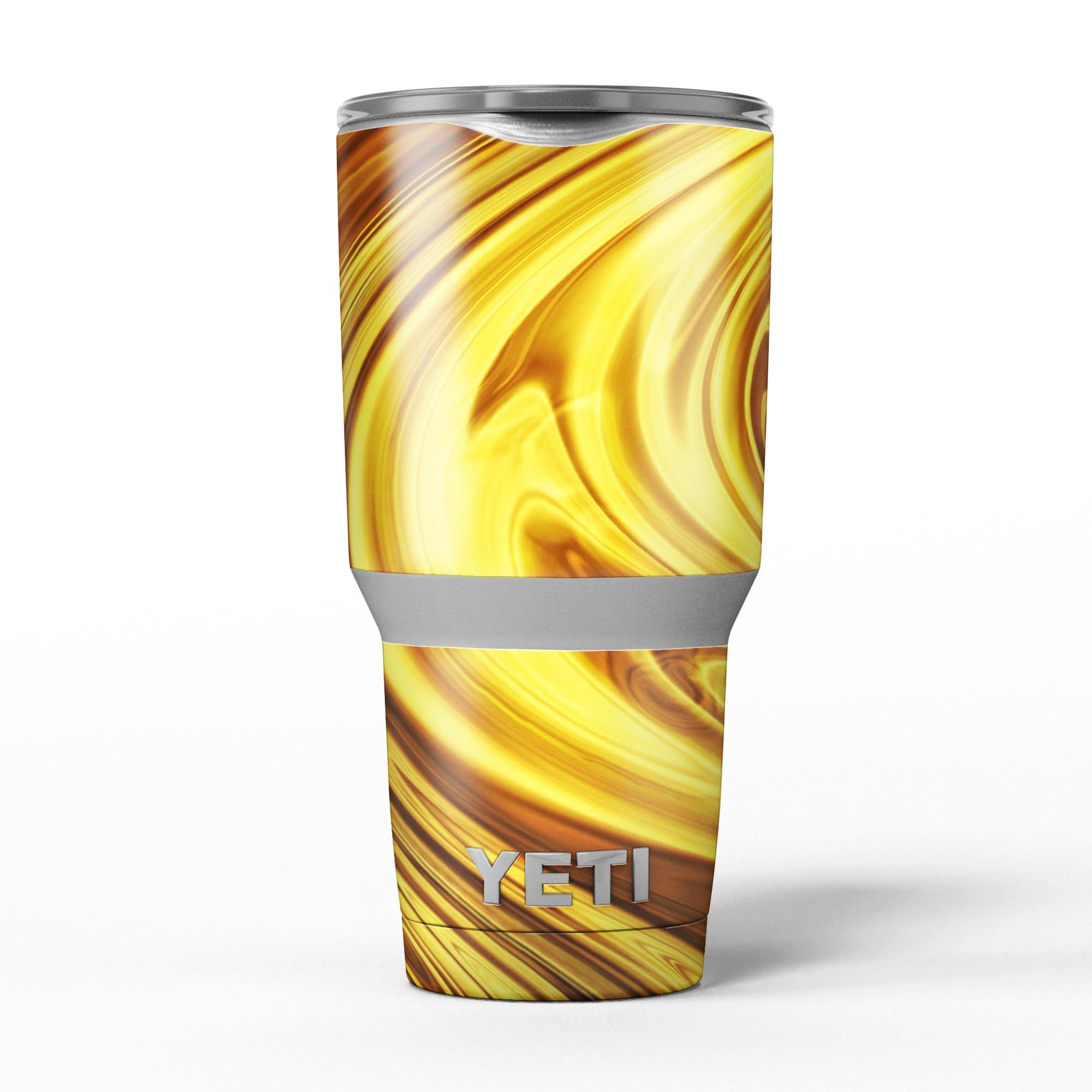Swirling Liquid Gold skin decal vinyl wrap kit for Yeti Cooler, showcasing vibrant gold swirls on a sleek surface.