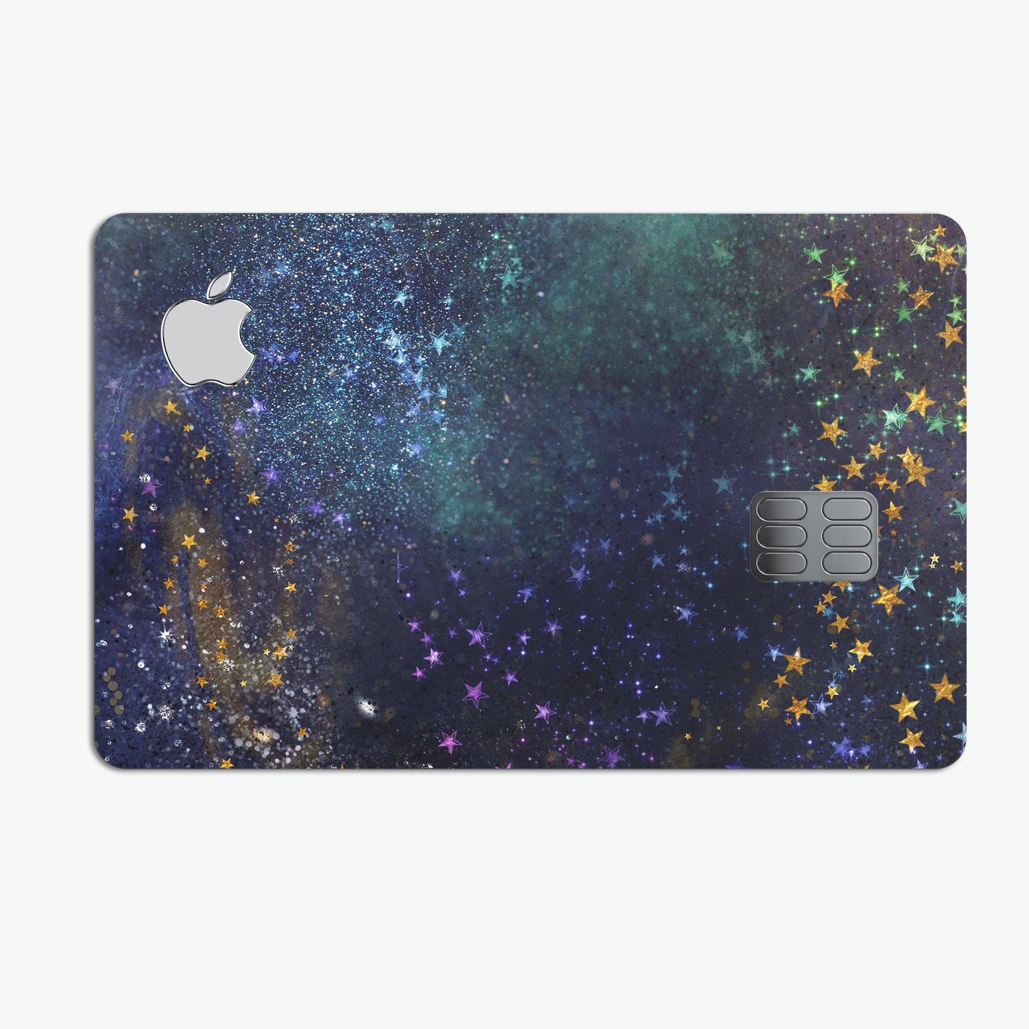 Swirling Multicolor Star Explosion decal on an Apple Card, showcasing vibrant colors and a protective design.